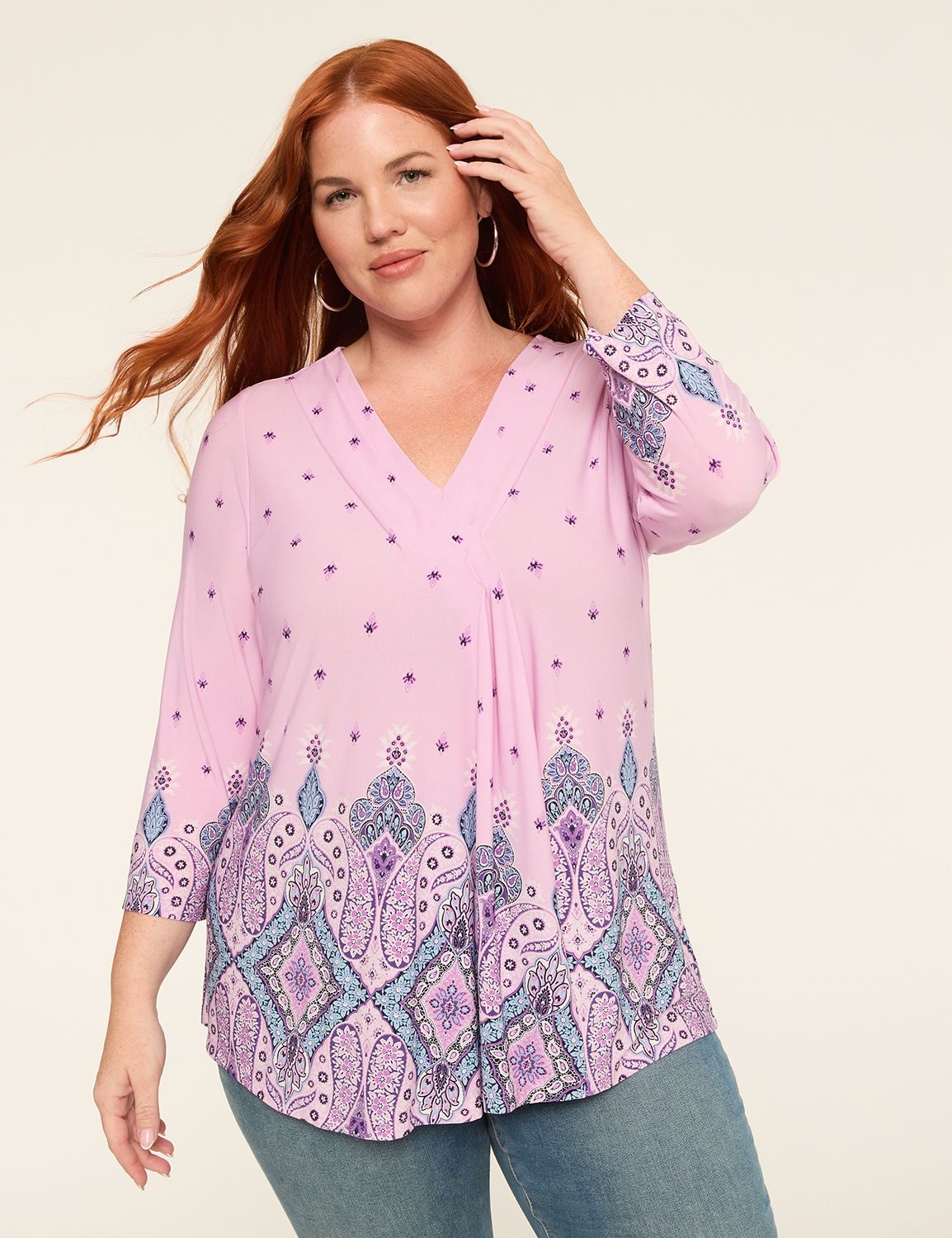 Swing 3/4-Sleeve Pleat-Front Top