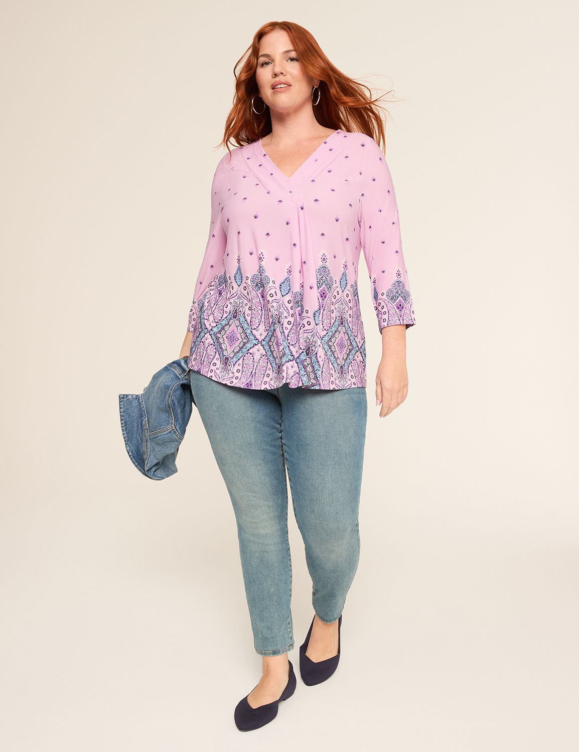 Swing 3/4 Sleeve V Neck Pleat Front Product Image 3