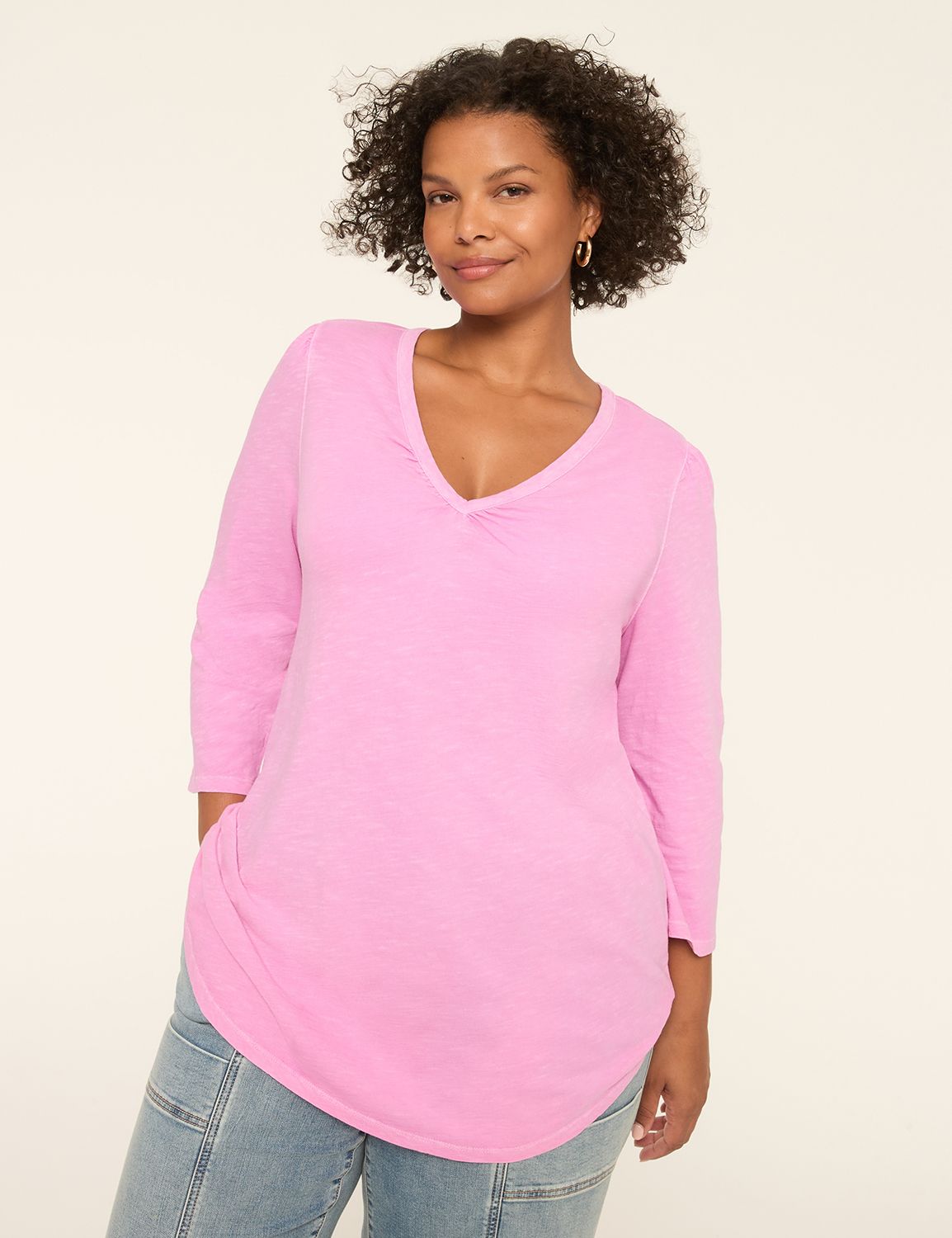 3/4-Sleeve Ruched V-Neck Top