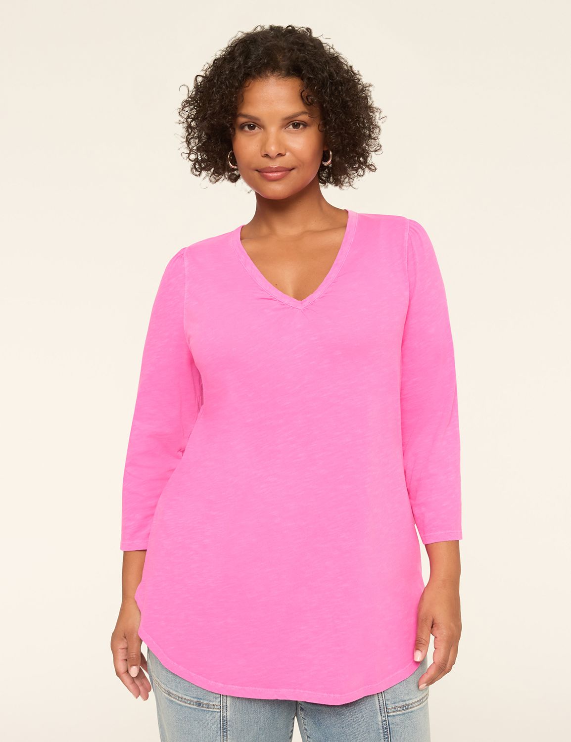 3/4 Sleeve Ruched V-Neck Top w/ Was Product Image 1