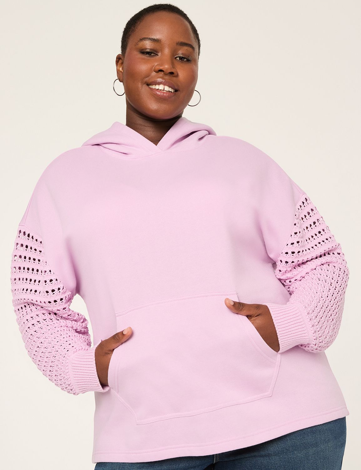 Crochet-Sleeve Hoodie Sweatshirt