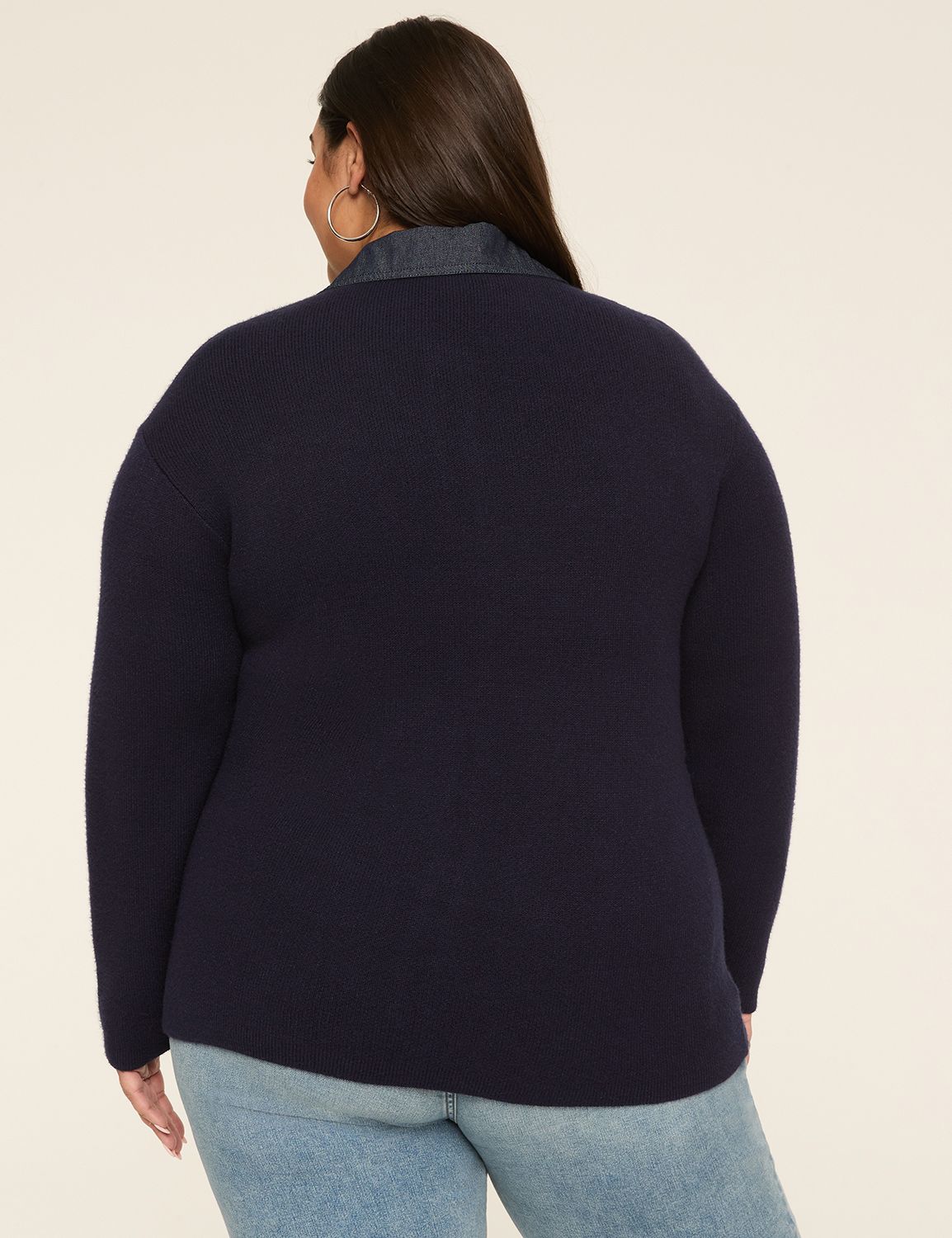 Denim-Trim Button-Front Cardigan