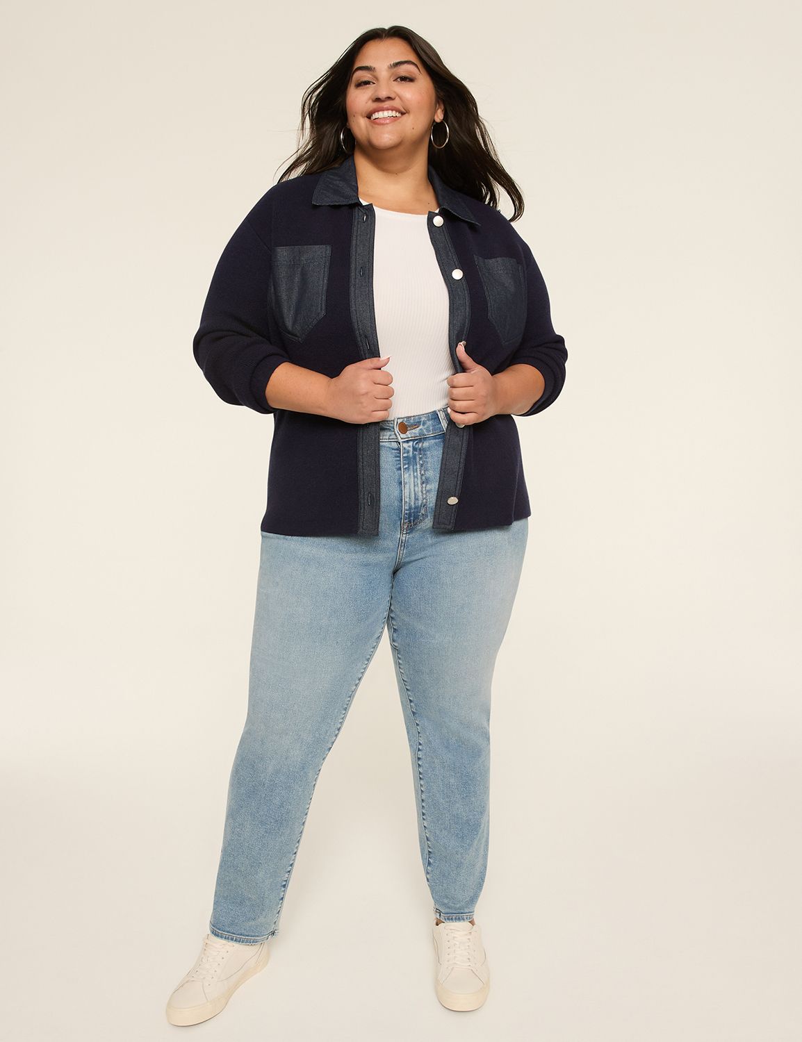 Long Sleeve Denim Contrast Button F Product Image 3