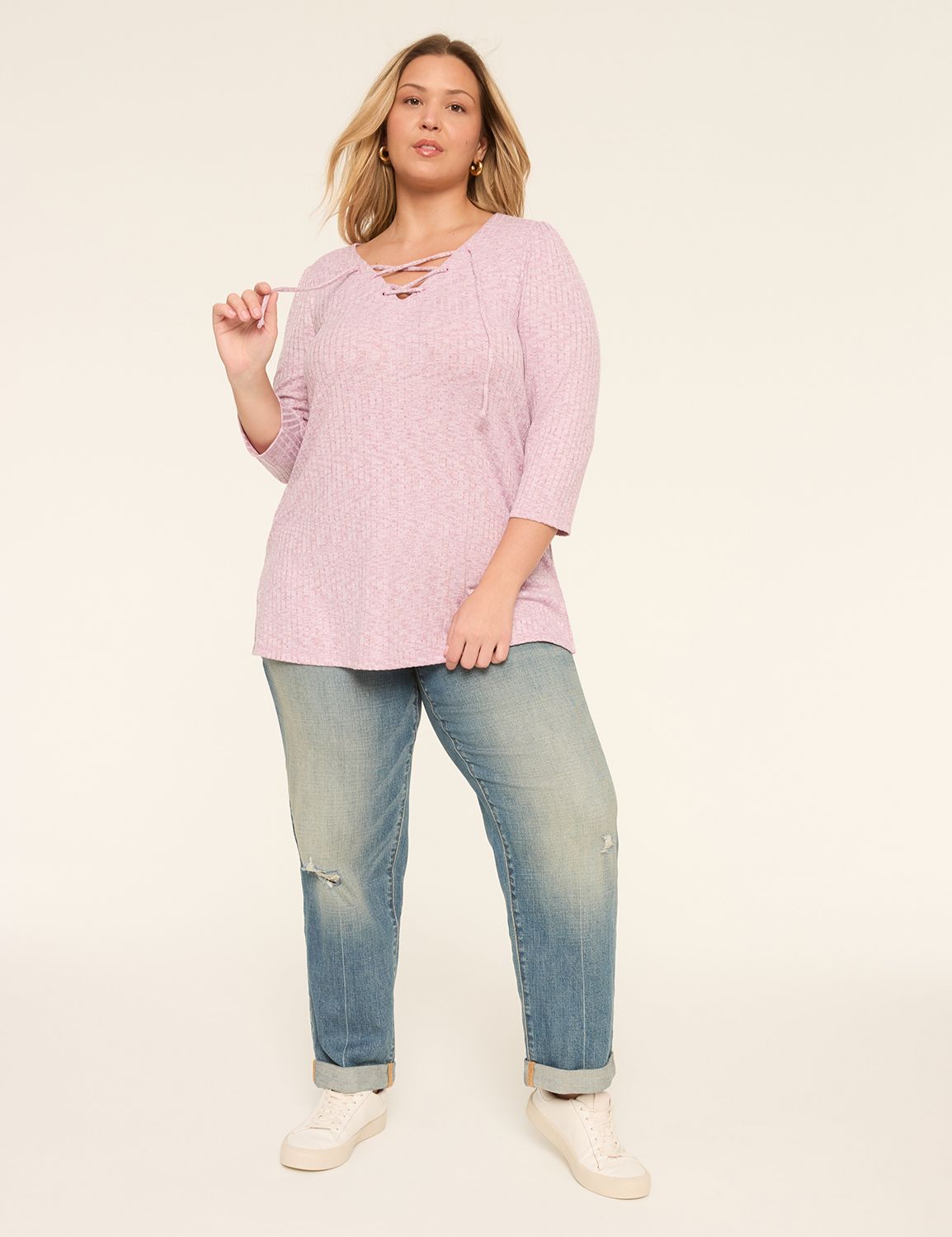 3/4 Sleeve V-Neck Lace-Up Top S 114 Product Image 3