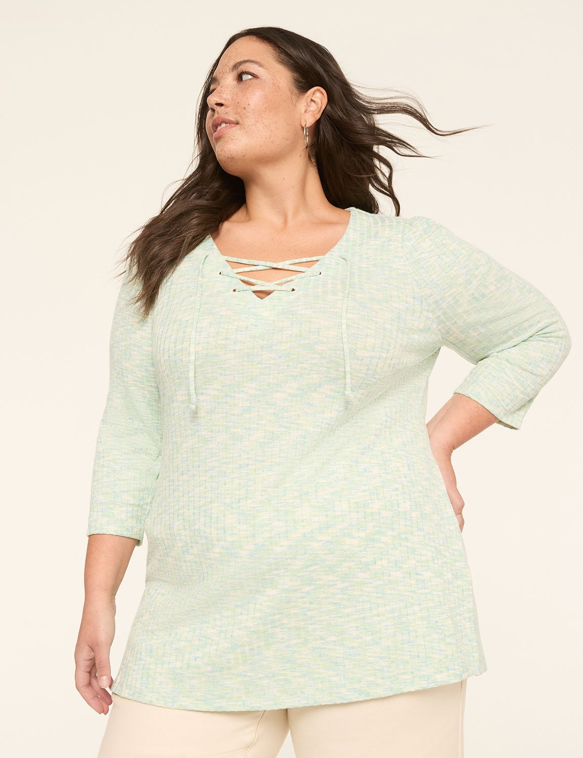 3/4-Sleeve V-Neck Lace-Up Top