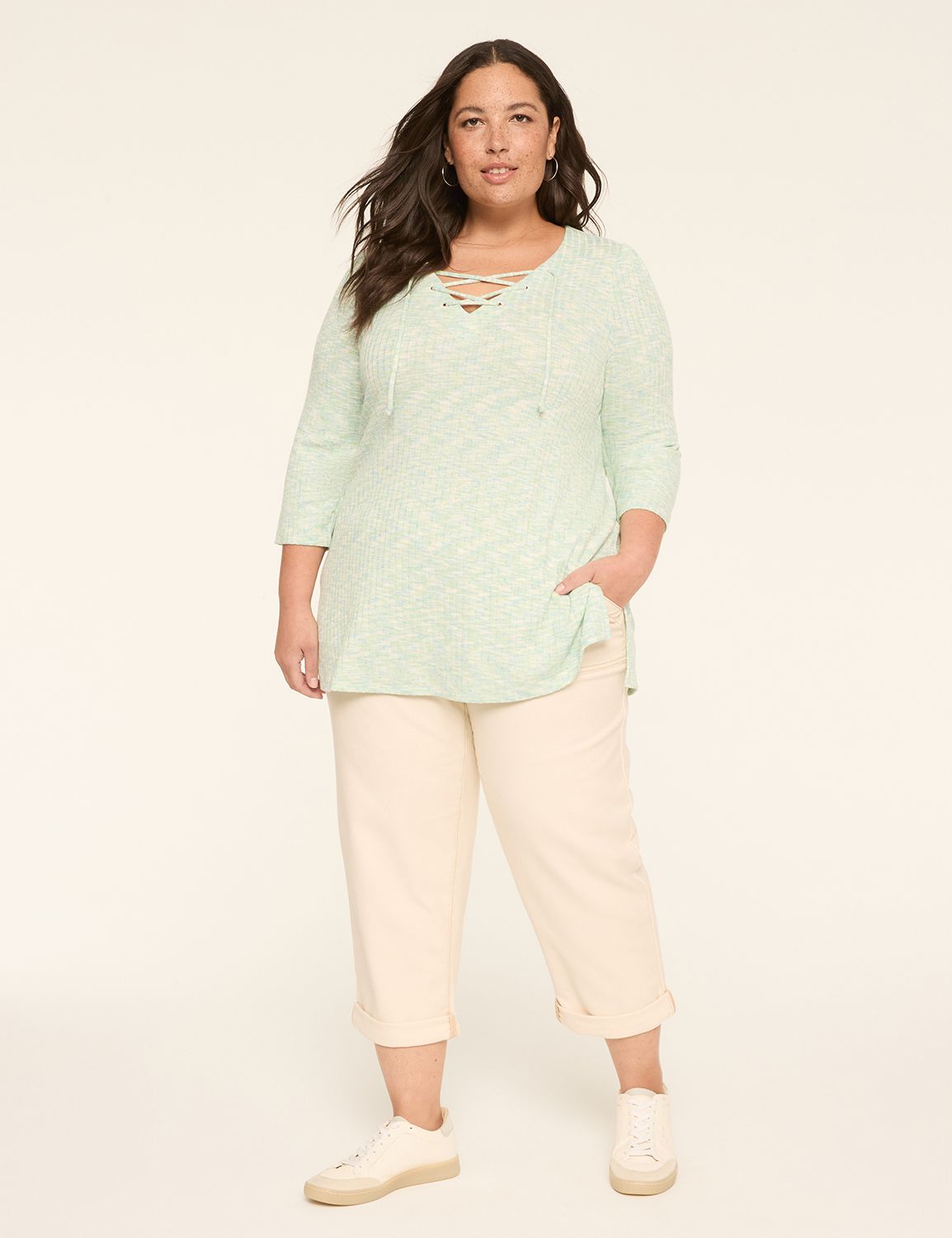 3/4 Sleeve V-Neck Lace-Up Top S 114 Product Image 3