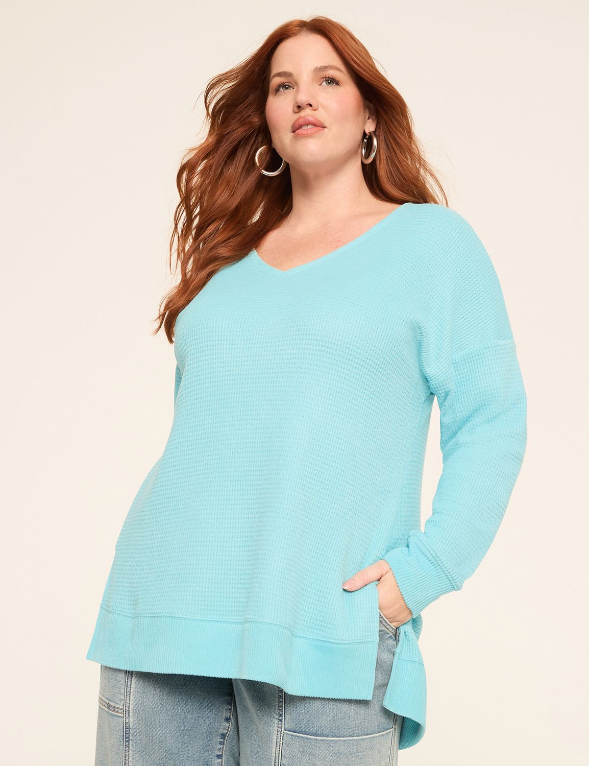 Long Sleeve V-Neck Waffle Top S 114 Product Image 1