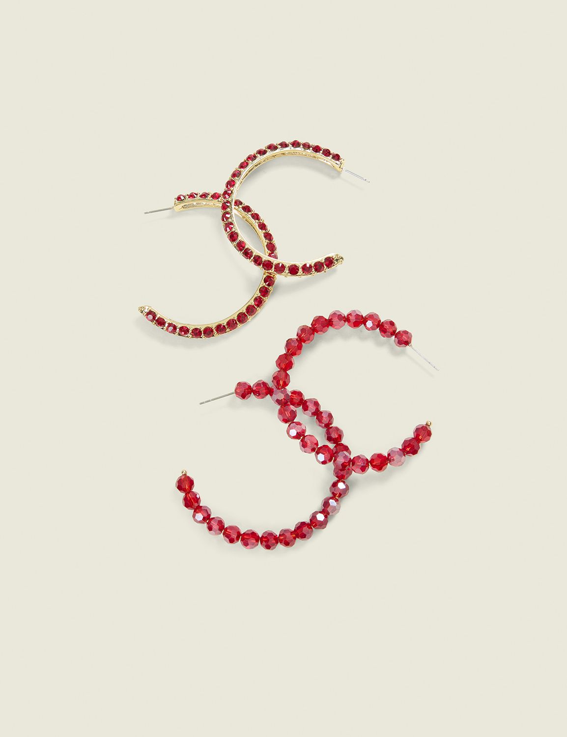 Red Pave & Bead Hoop Earring 2 Pack Product Image 1
