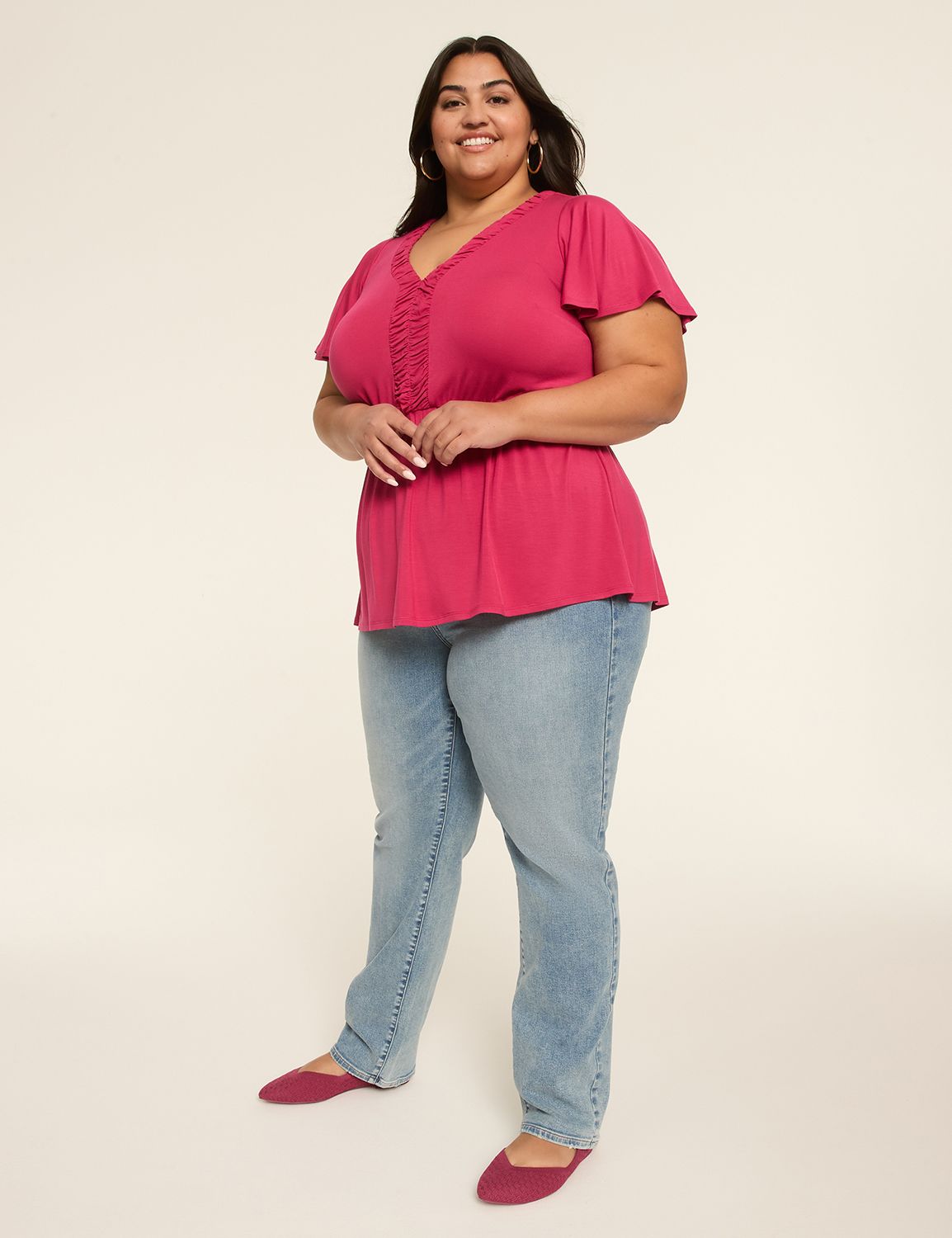 Short Flutter Sleeve V Neck Shirred Product Image 3