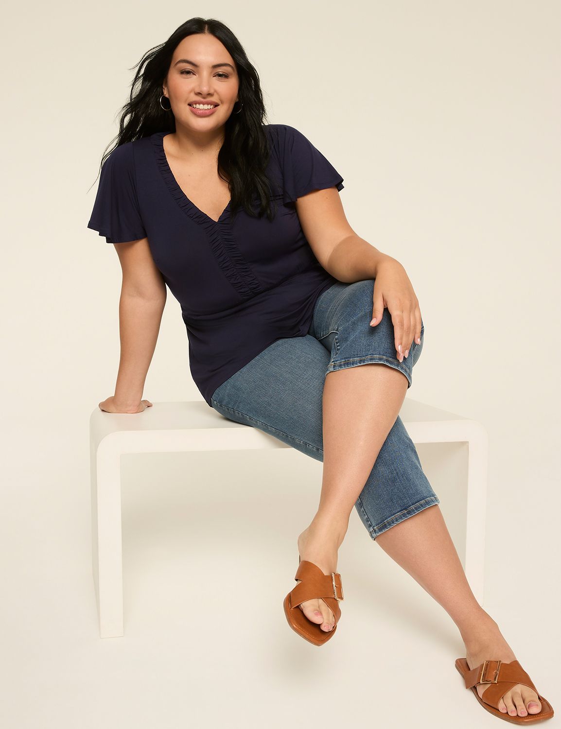 Short Flutter Sleeve V Neck Shirred Product Image 3