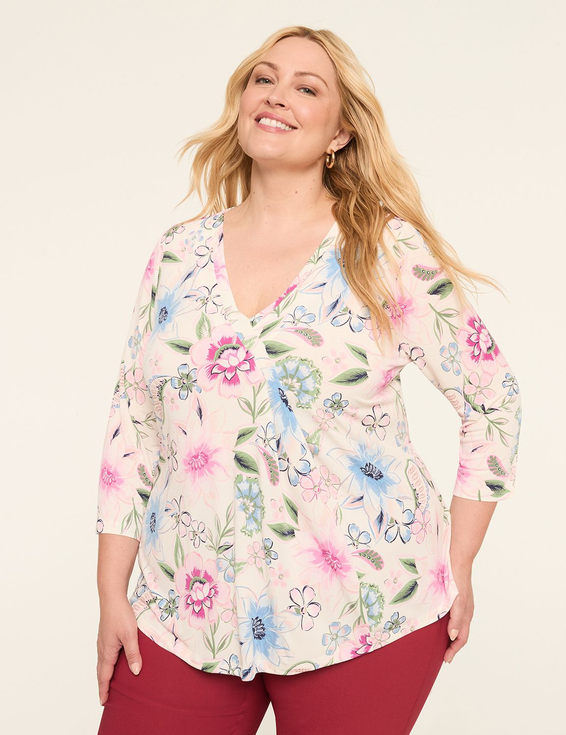 Swing 3/4-Sleeve Pleat-Front Top