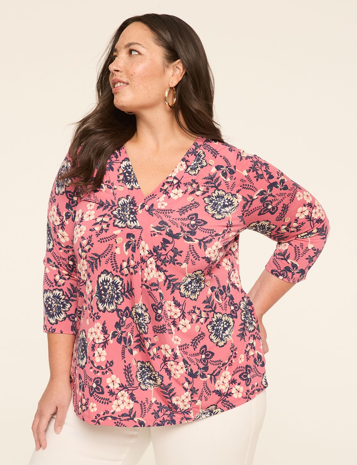 Swing 3/4-Sleeve Pleat-Front Top