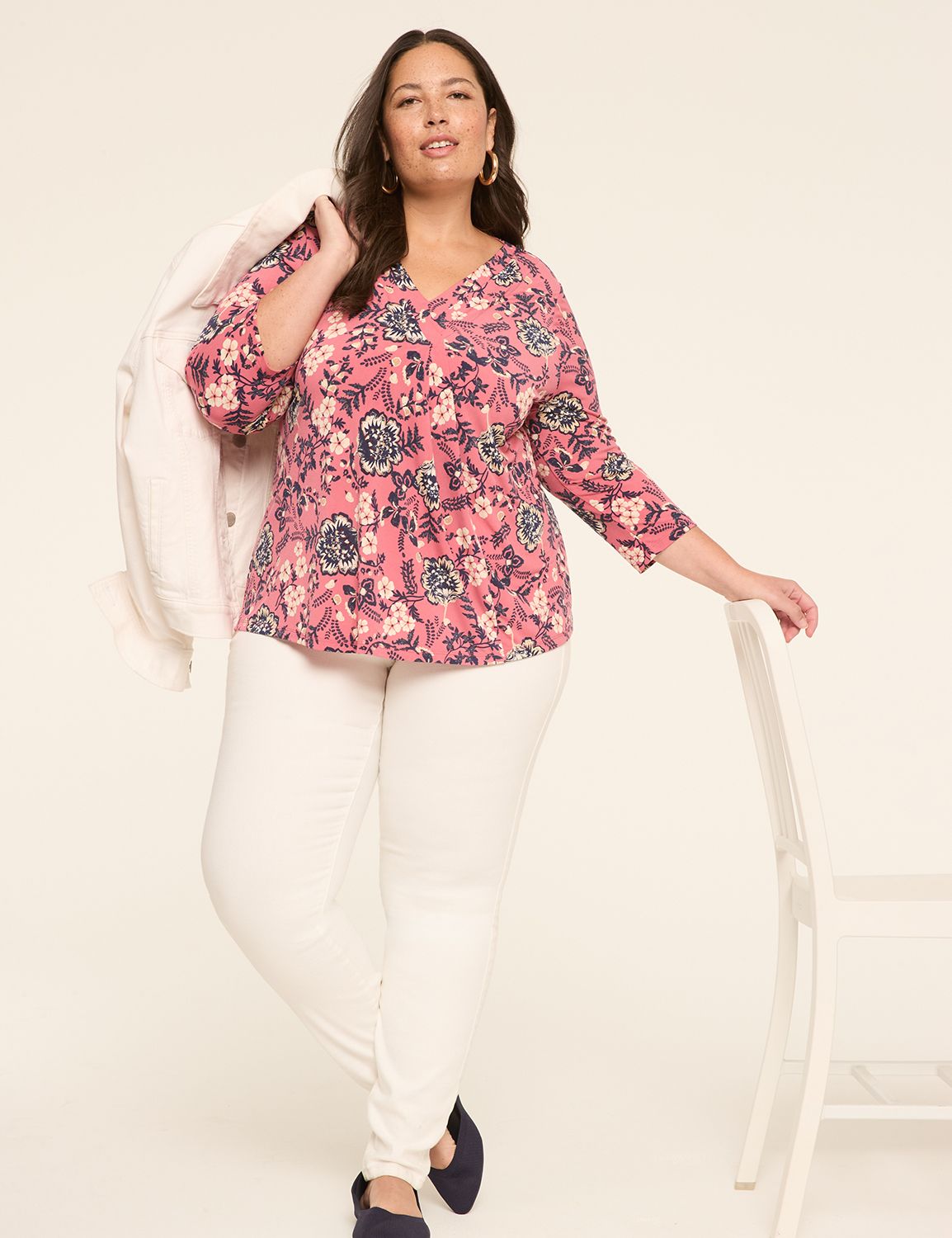 Swing 3/4 Sleeve V Neck Pleat Front Product Image 3