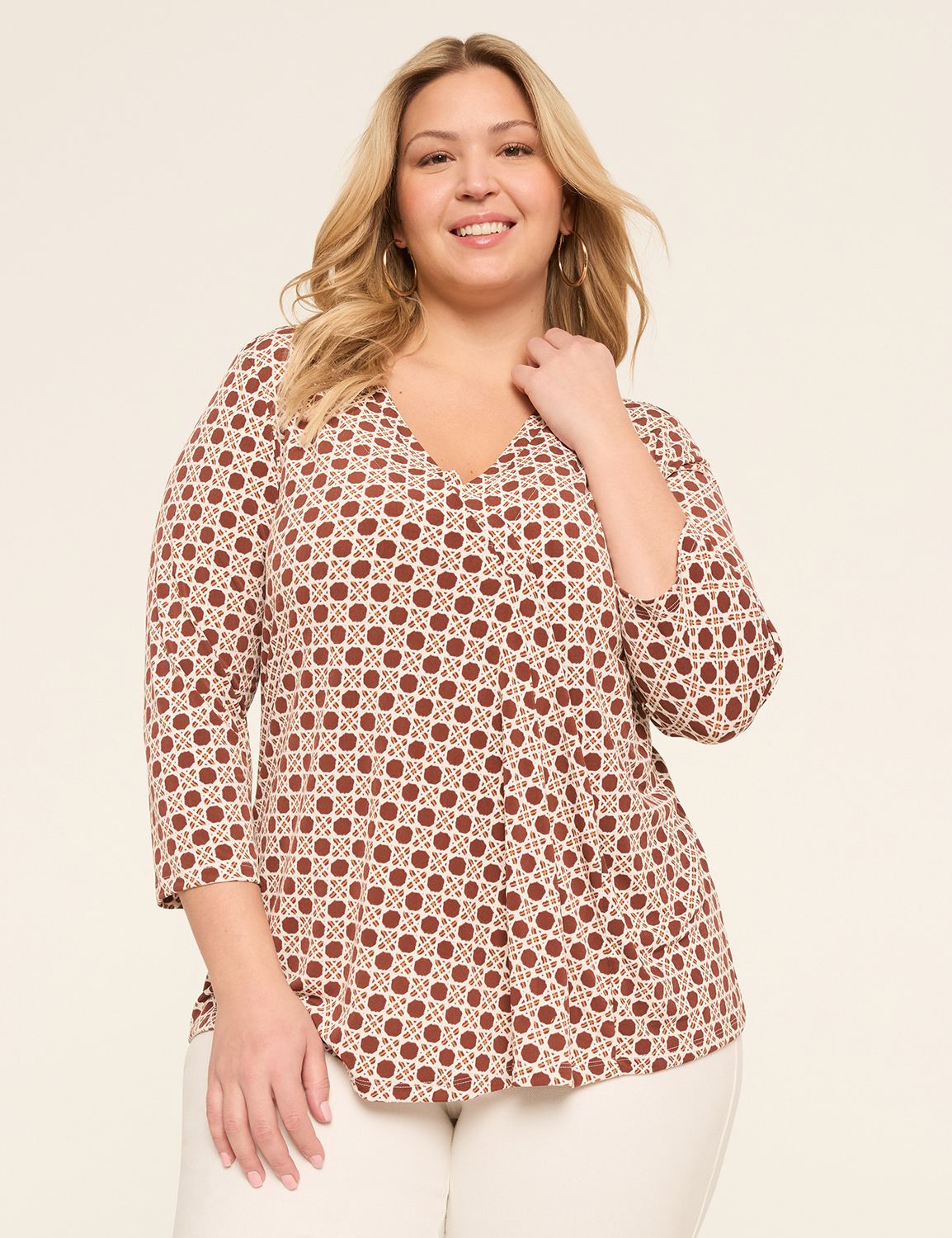 Swing 3/4 Sleeve V Neck Pleat Front Product Image 1