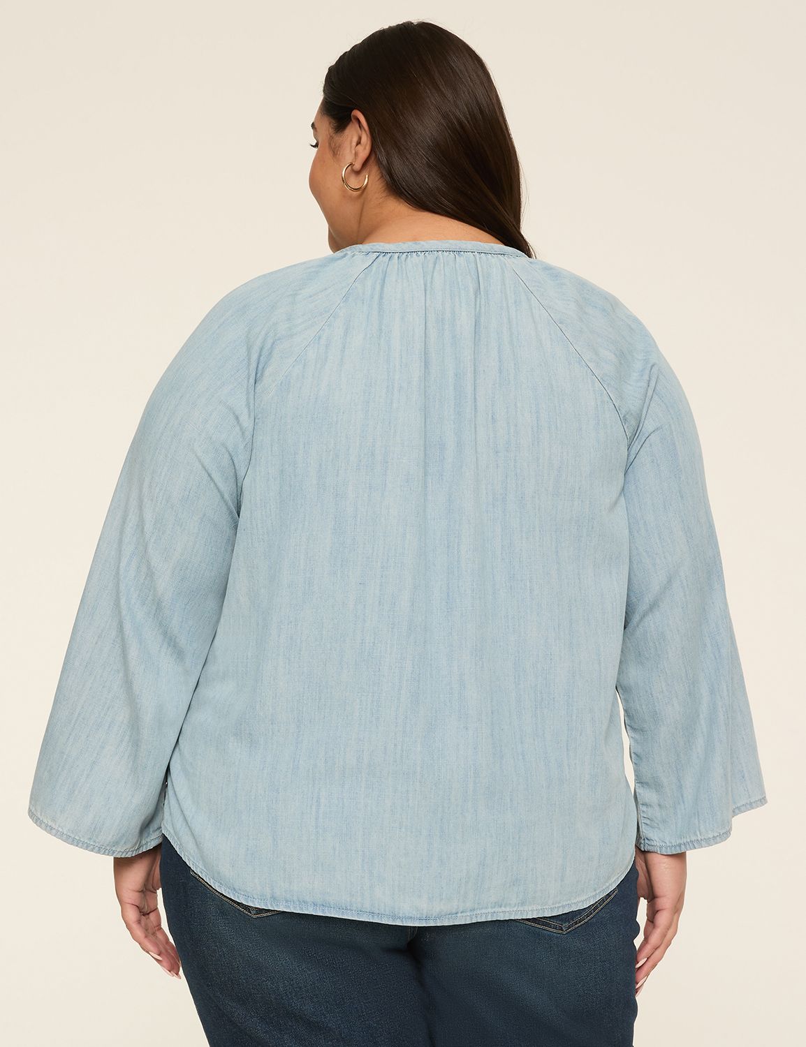 Split-Neck Bracelet Sleeve Denim Blouse