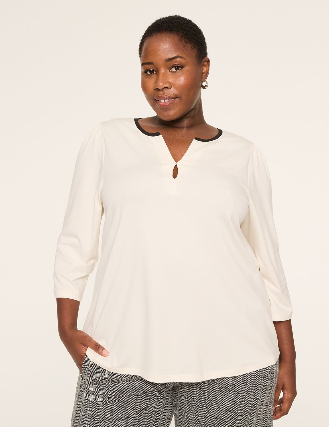 3/4-Sleeve Notch-Neck Keyhole Tee