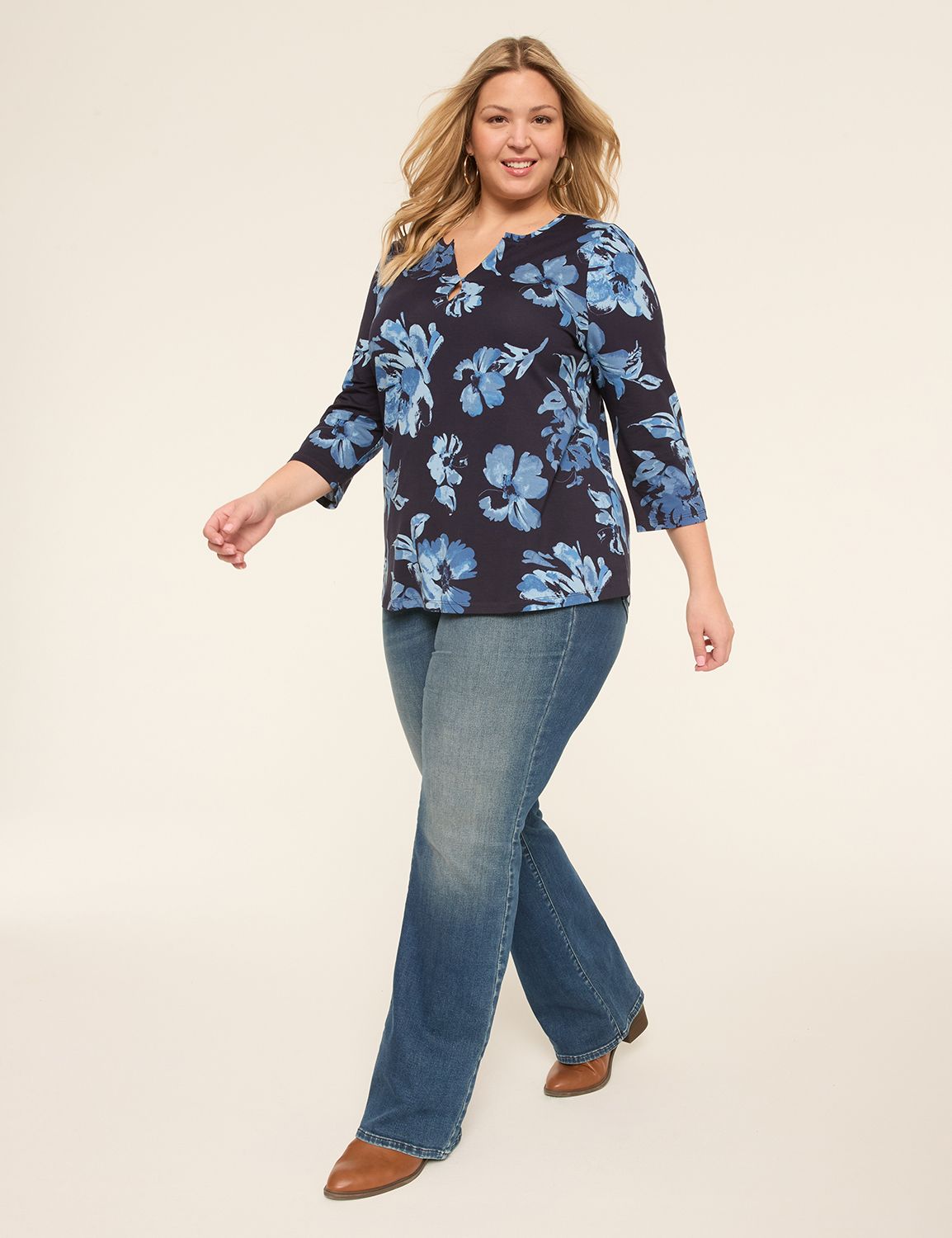Casual 3/4 Sleeve Notch V Neck Top Product Image 3