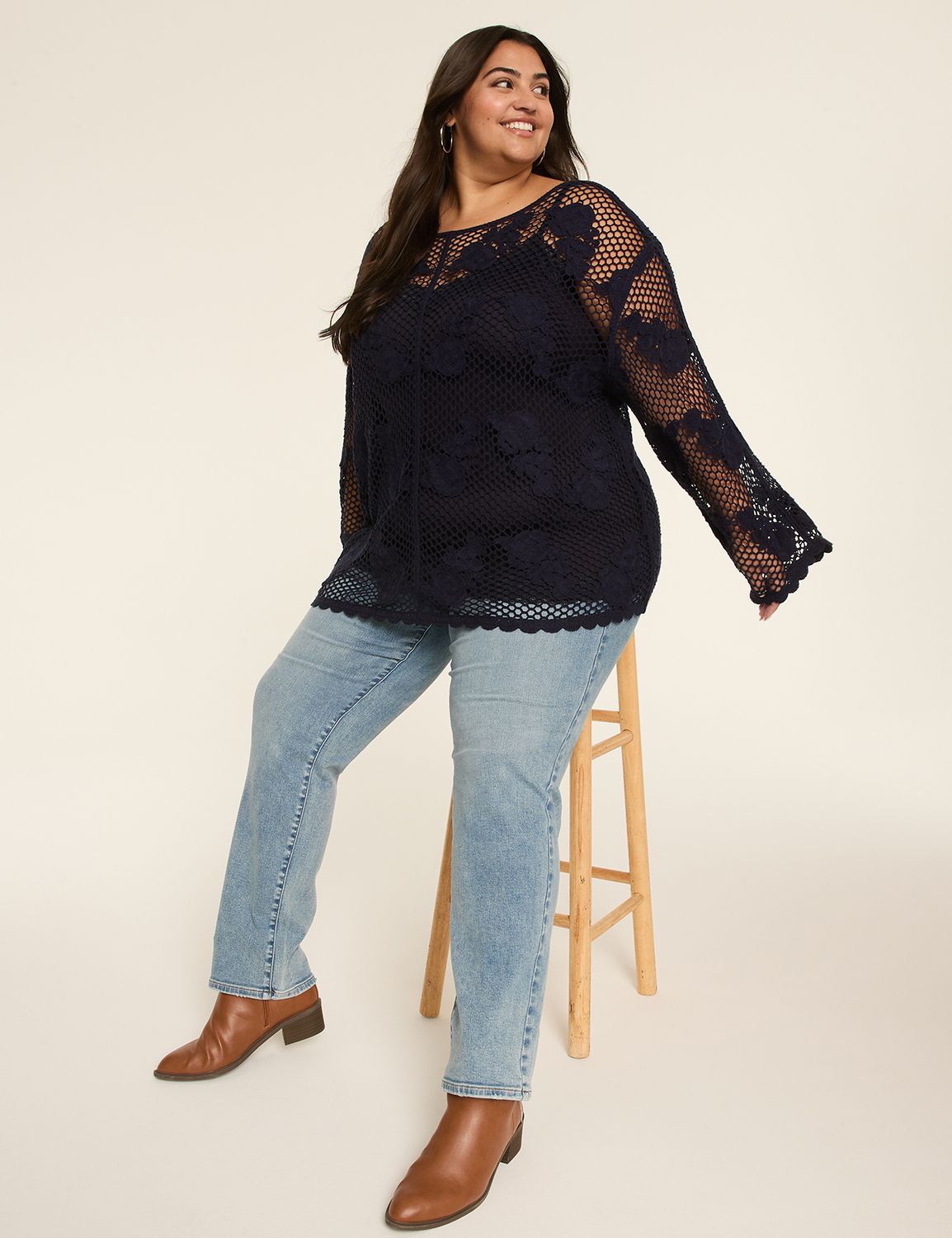 Relaxed Long Sleeve Crochet Popover Product Image 3