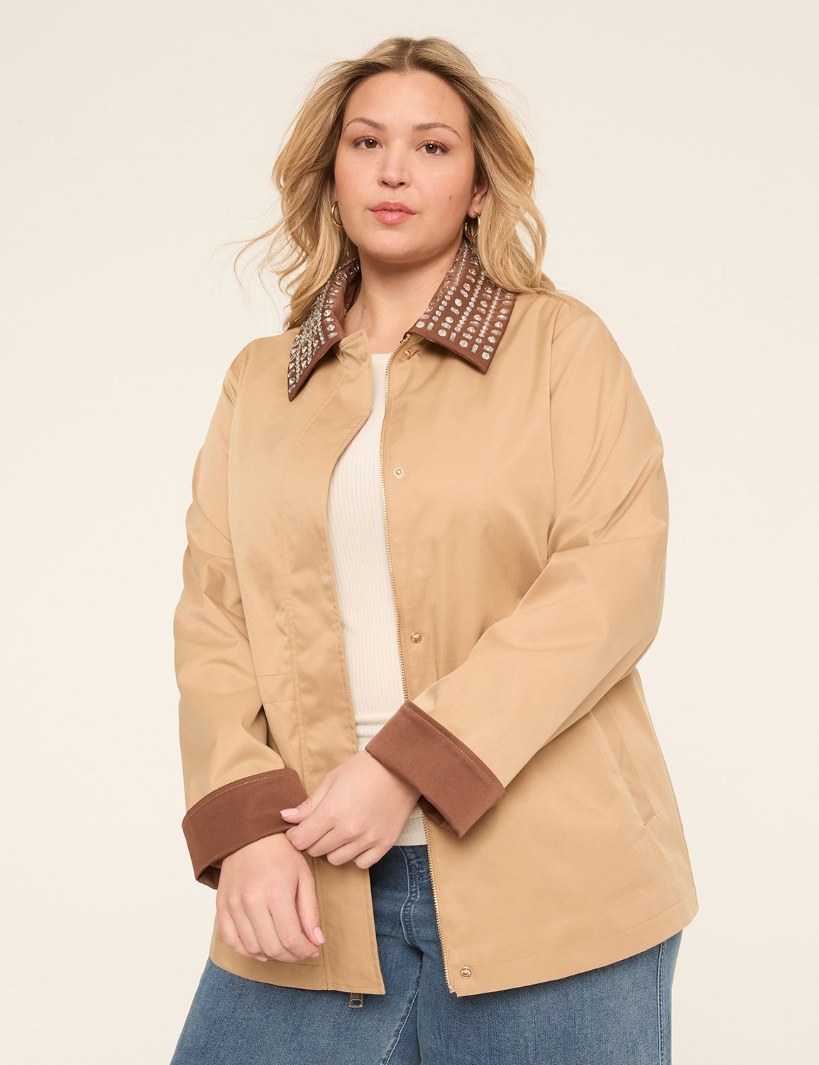 Relaxed Fit Removable Rhinestone Collar Jacket
