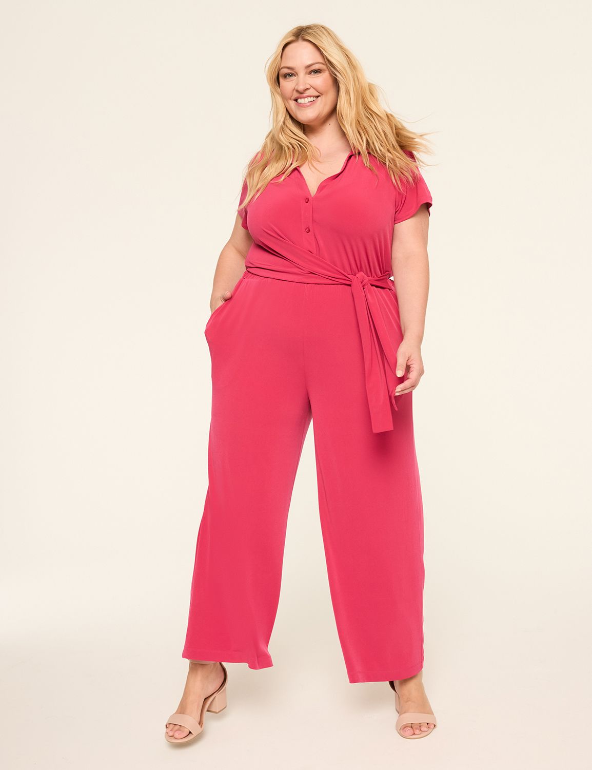 Popover Collar Tie-Waist Jersey Jumpsuit