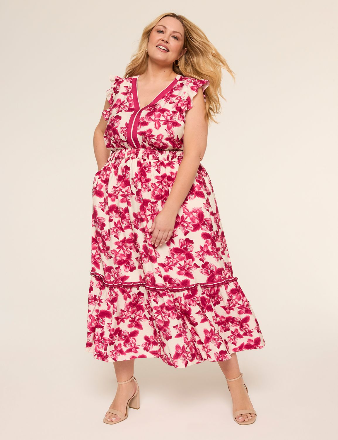 V-Neck Flutter Sleeve Ruffle Maxi Dress