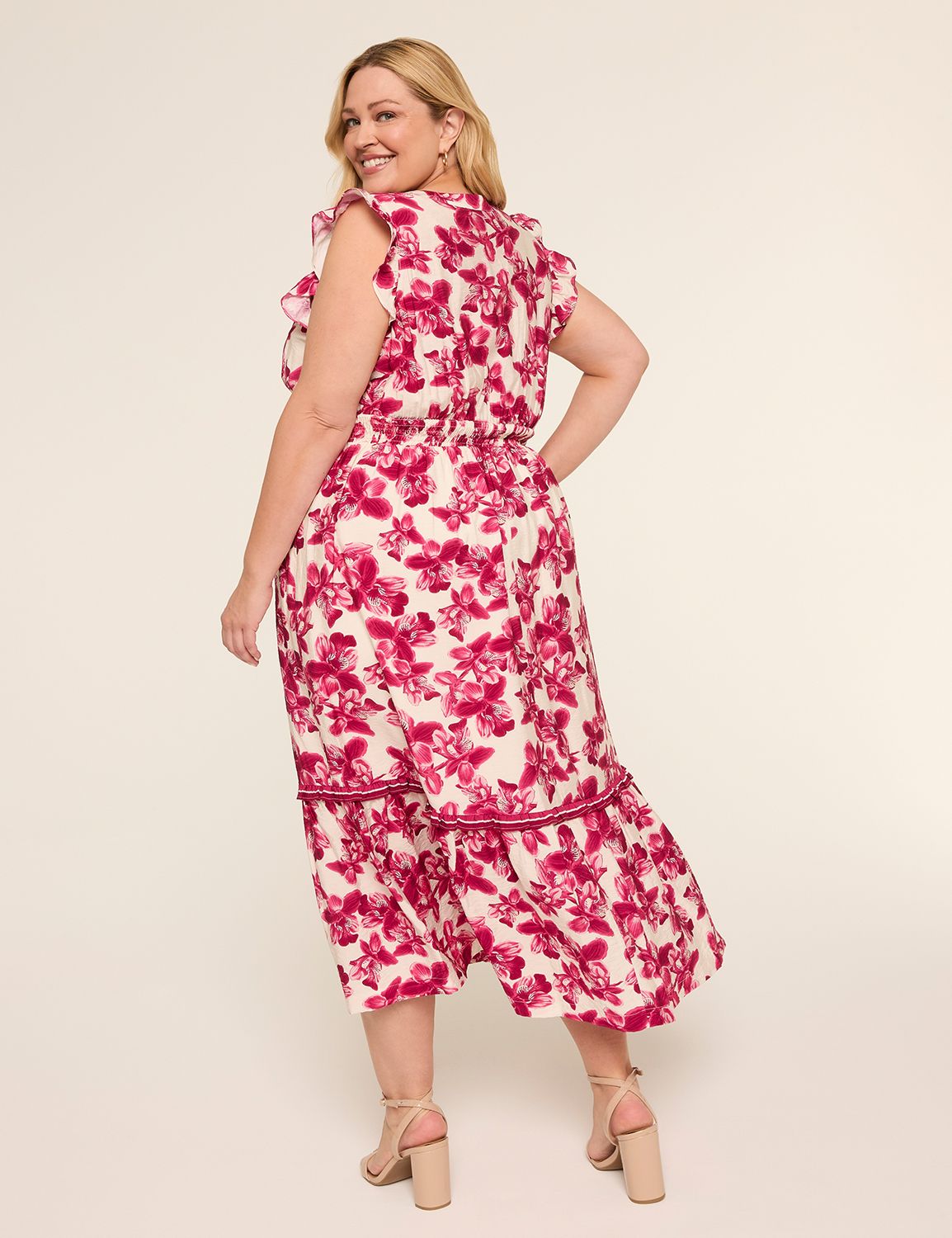 V-Neck Flutter Sleeve Ruffle Maxi Dress
