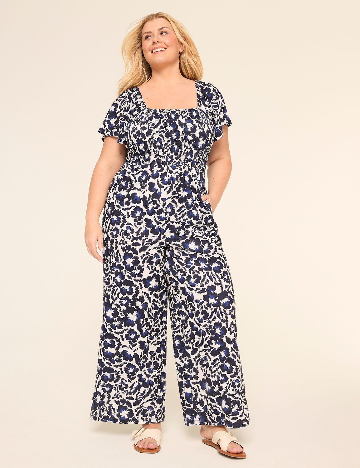 Short-Sleeve Smocked Jumpsuit