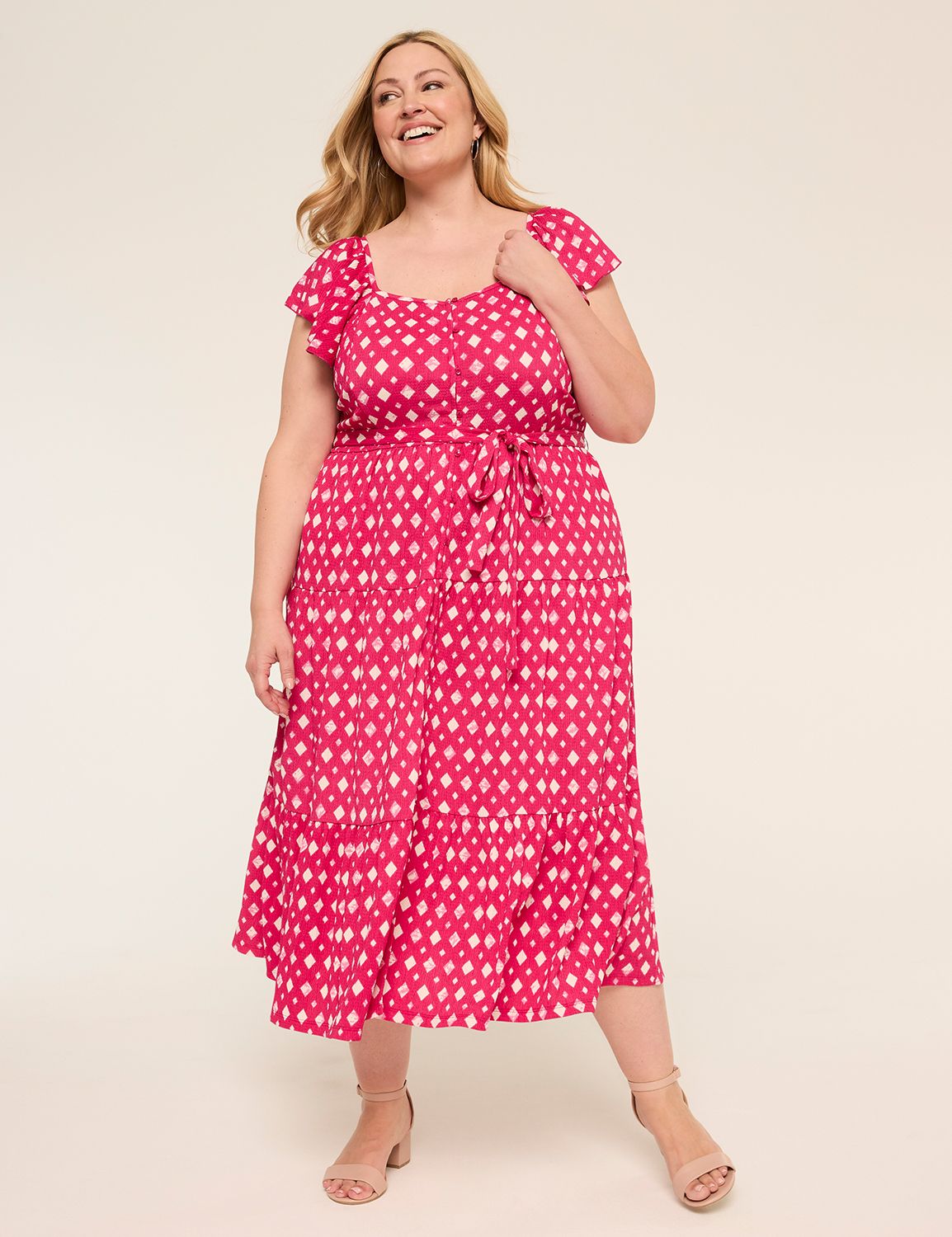 Short-Sleeve Ruffle Tie Waist Midi Dress