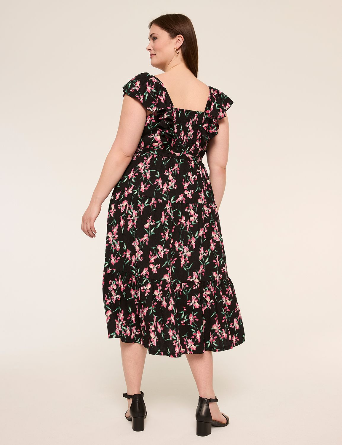 Short-Sleeve Ruffle Tie Waist Midi Dress