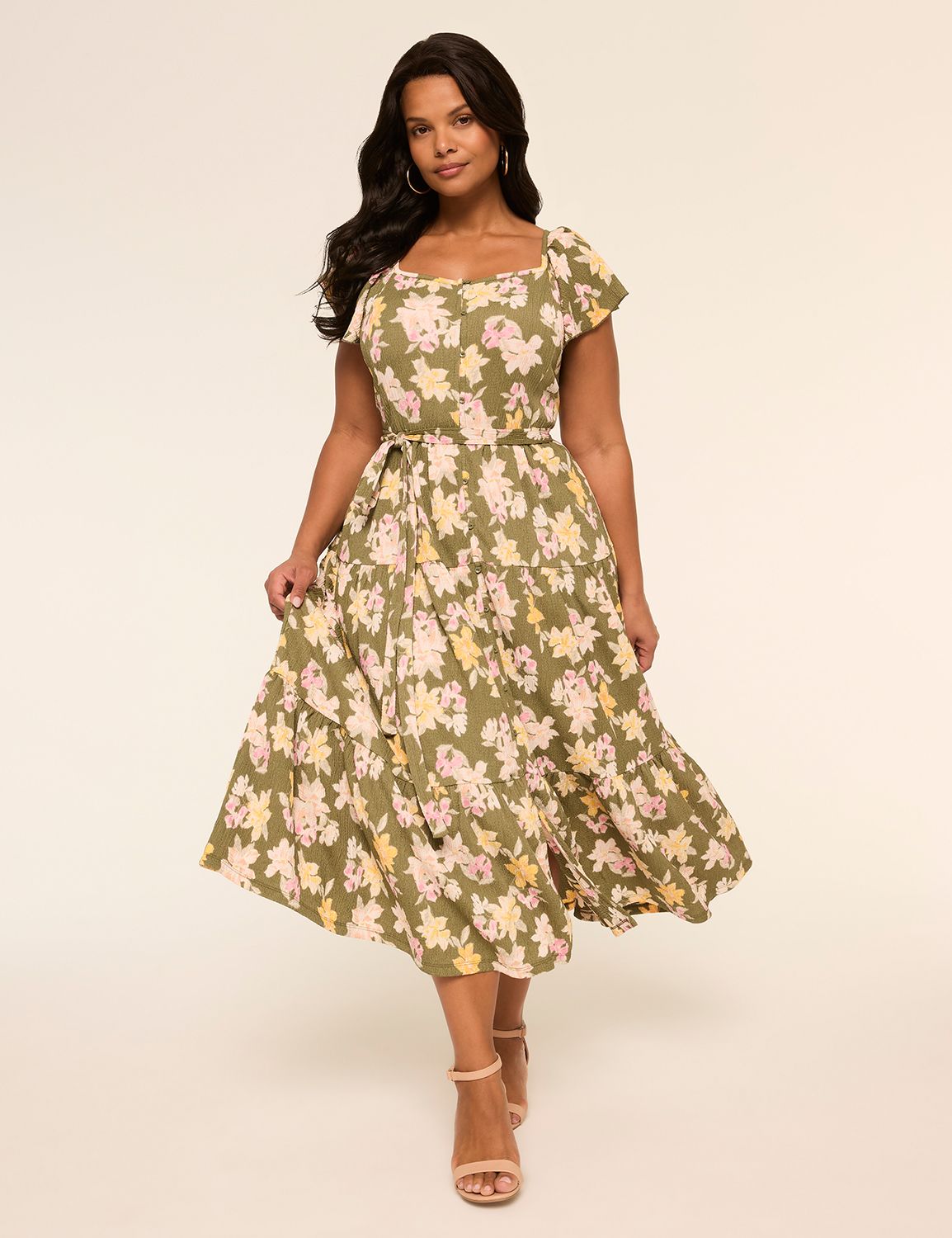Short-Sleeve Ruffle Tie Waist Midi Dress