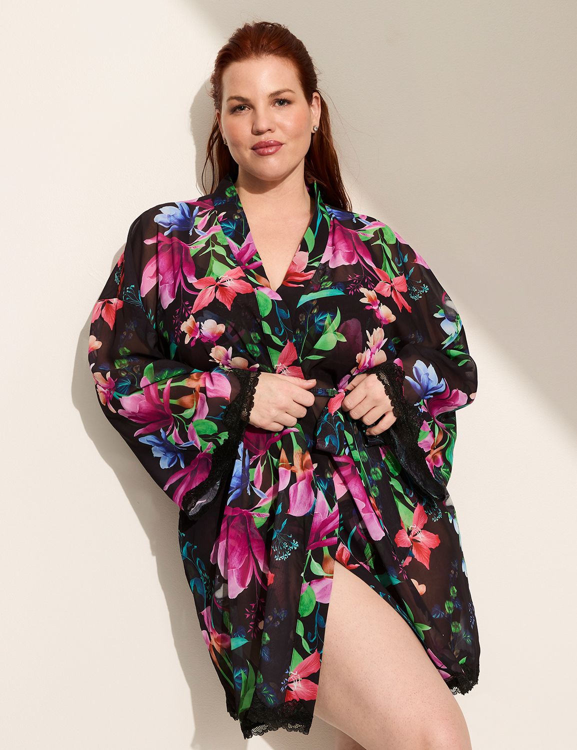 Lace-Trim Chiffon Robe