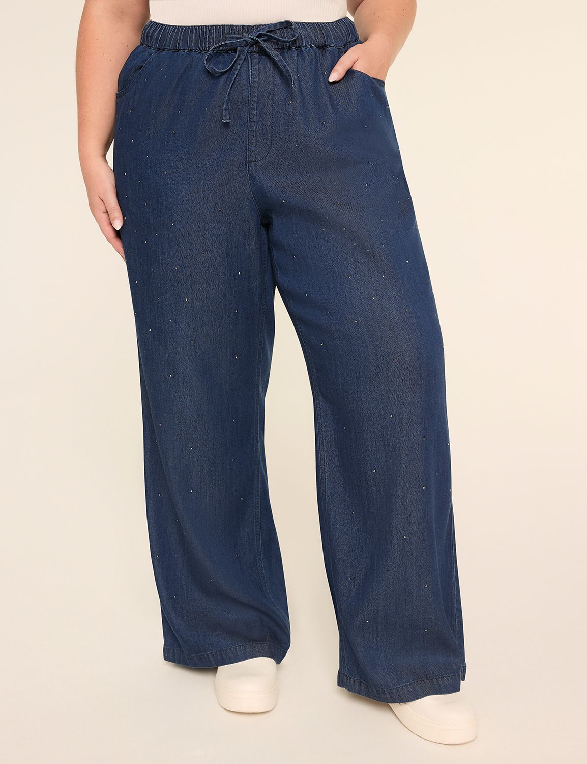 Embellished Drapey Denim Pull-On Wide Leg Pant