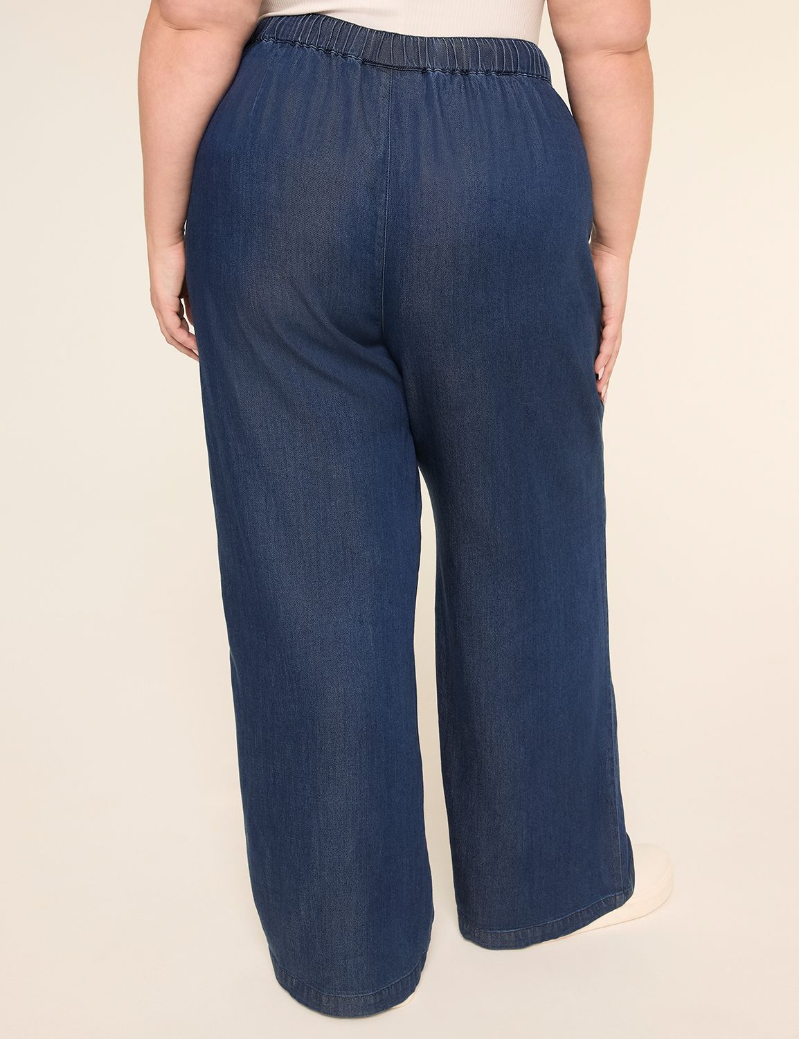 Embellished Drapey Denim Pull-On Wide Leg Pant