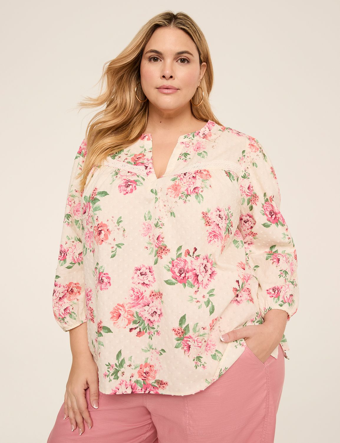 Split-Neck Bracelet Sleeve Blouse
