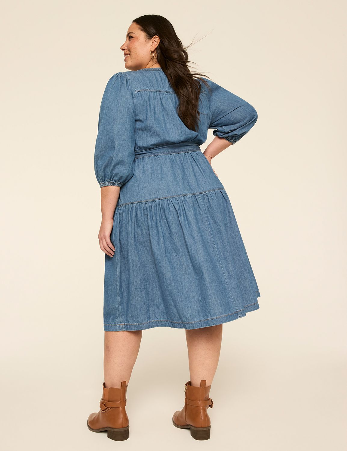 Split-Neck Tie-Waist Denim Dress