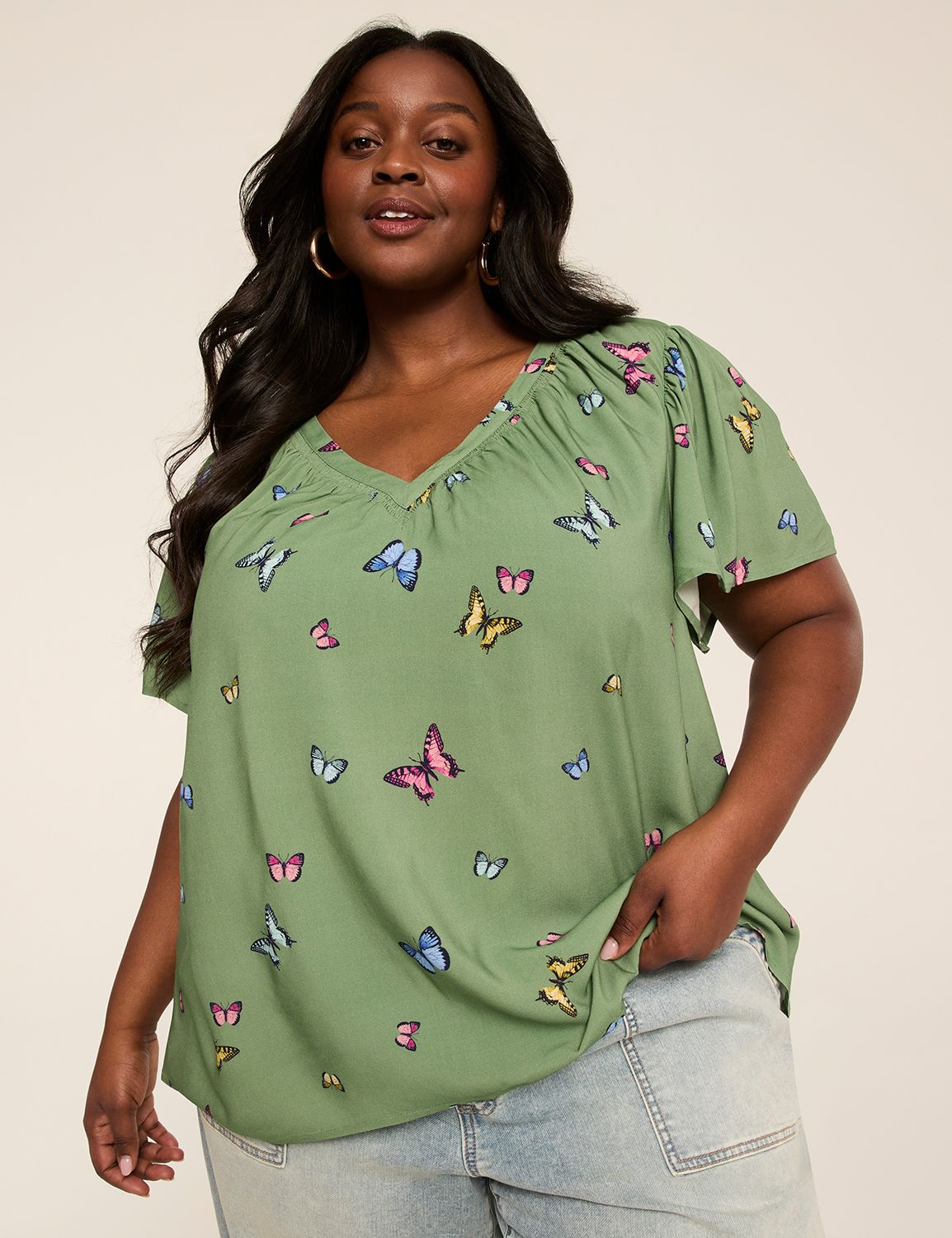 Short-Flutter-Sleeve V-Neck Popover Top