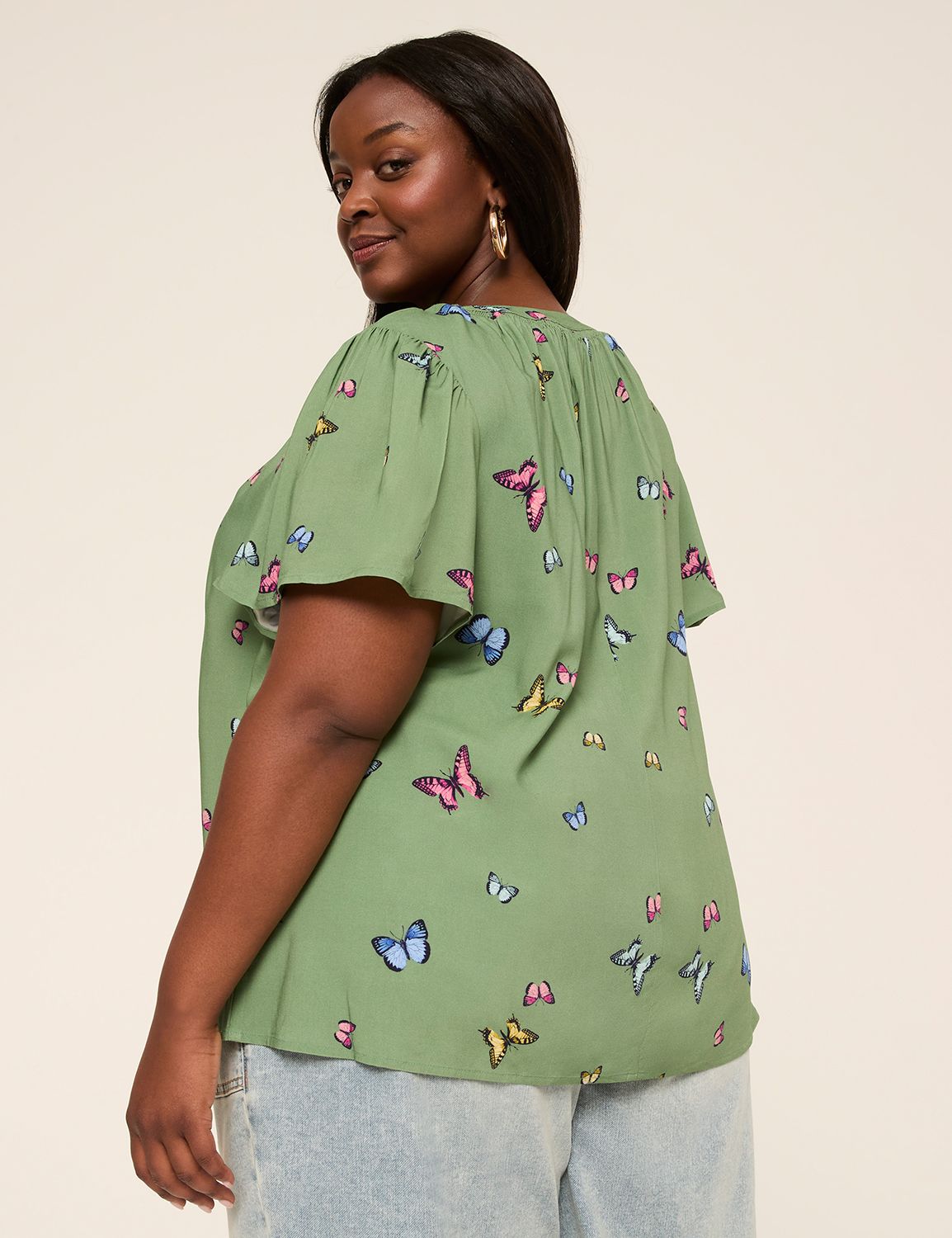 Short-Flutter-Sleeve V-Neck Popover Top