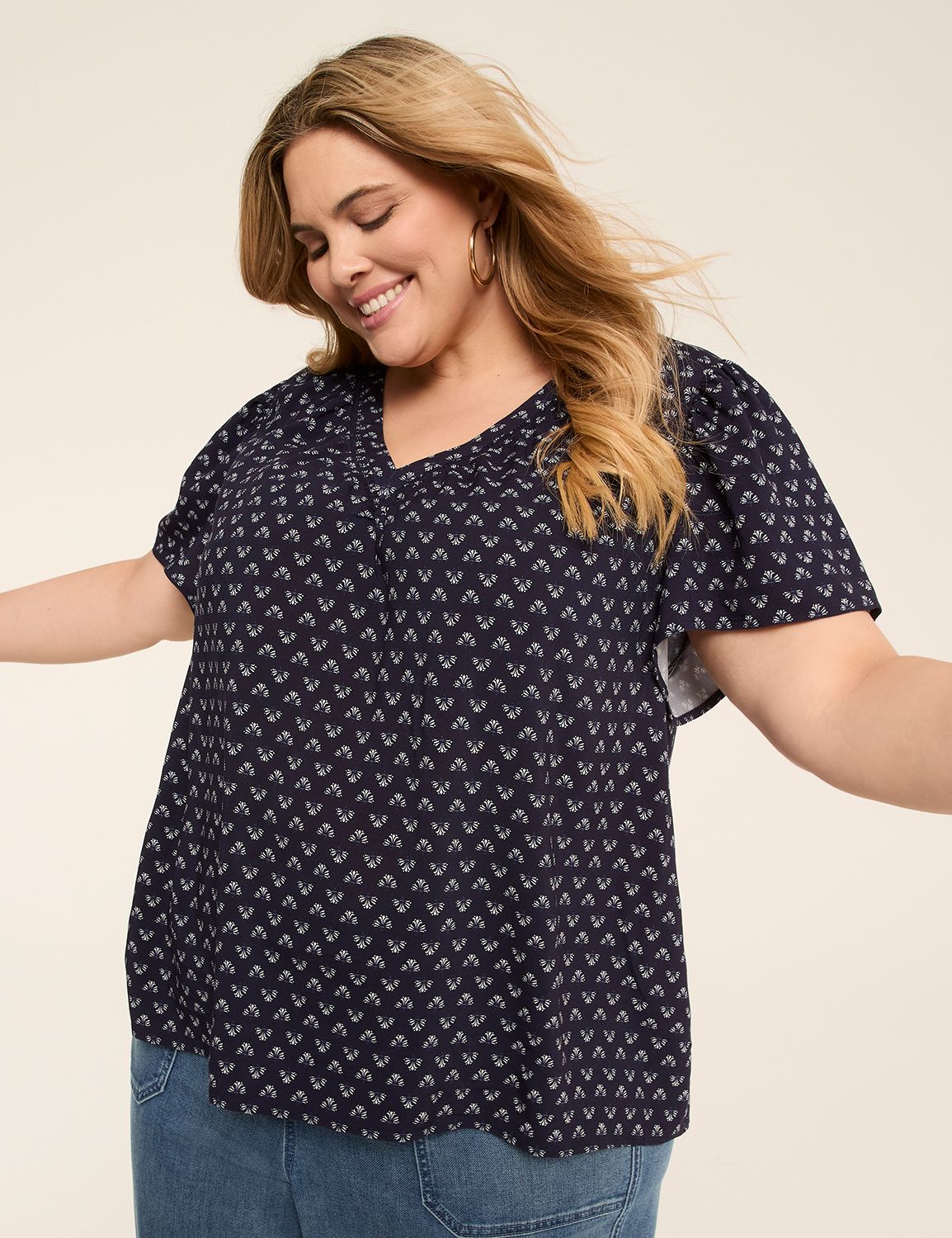 Short-Flutter-Sleeve V-Neck Popover Top