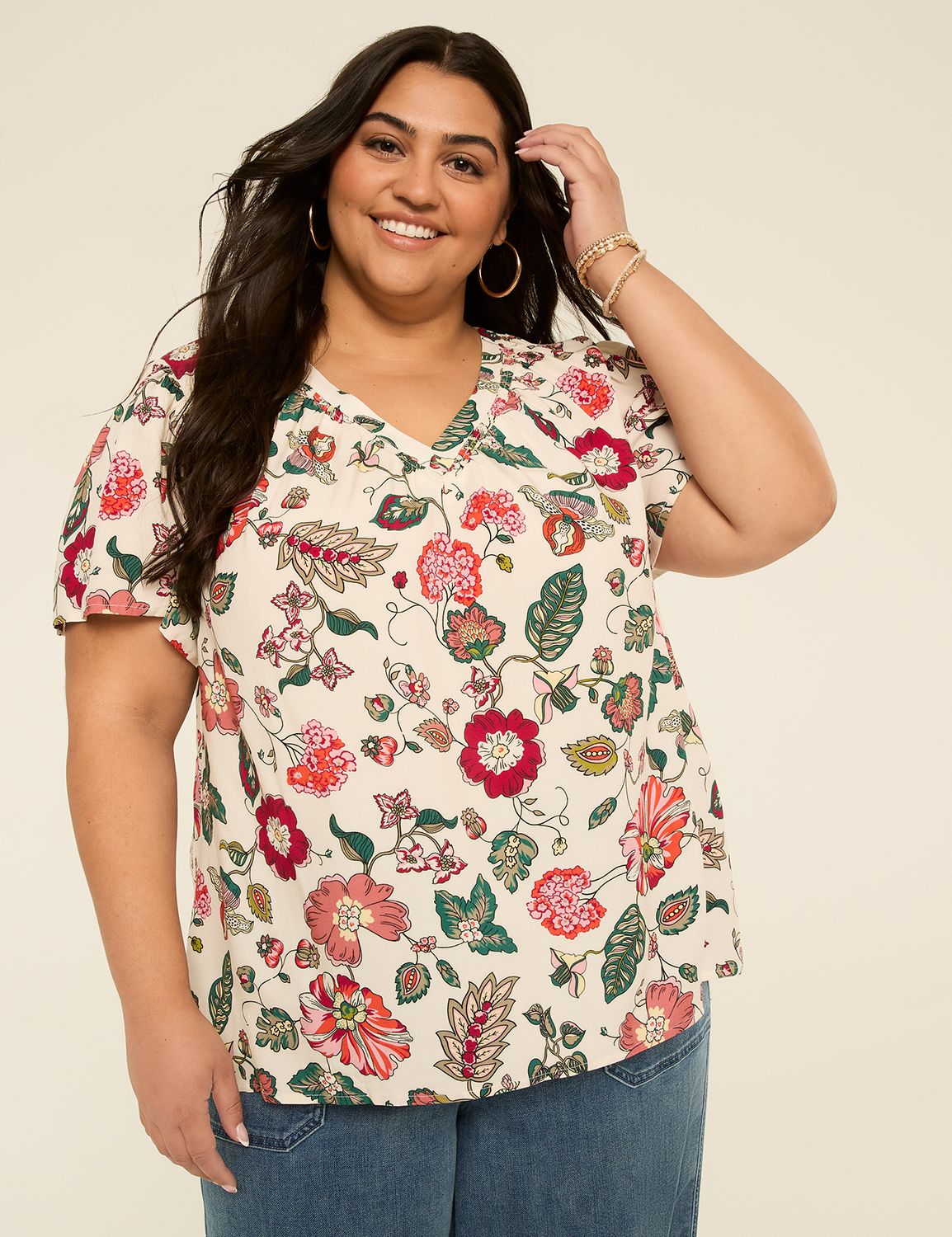 Short-Flutter-Sleeve V-Neck Popover Top