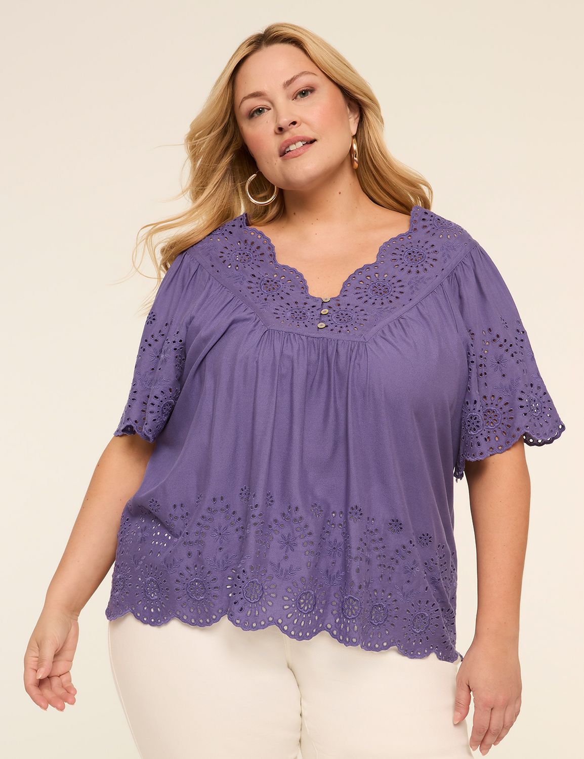Swing V-Neck Eyelet Blouse