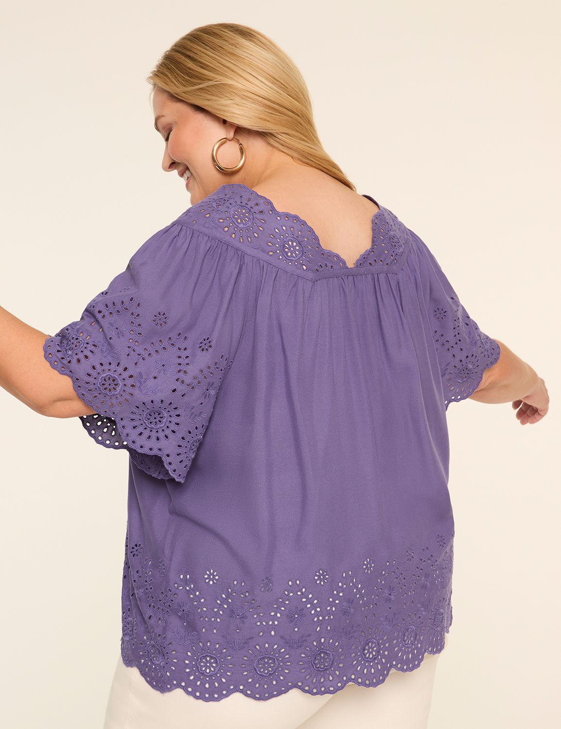 Swing V-Neck Eyelet Blouse