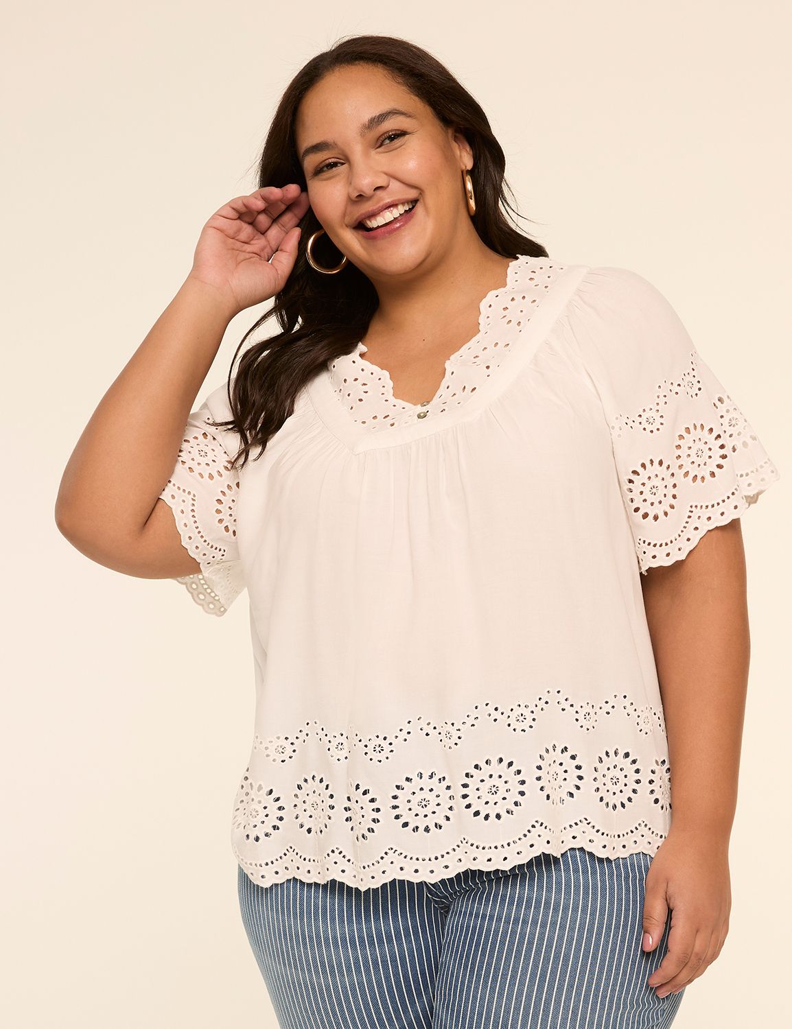 Swing V-Neck Eyelet Blouse