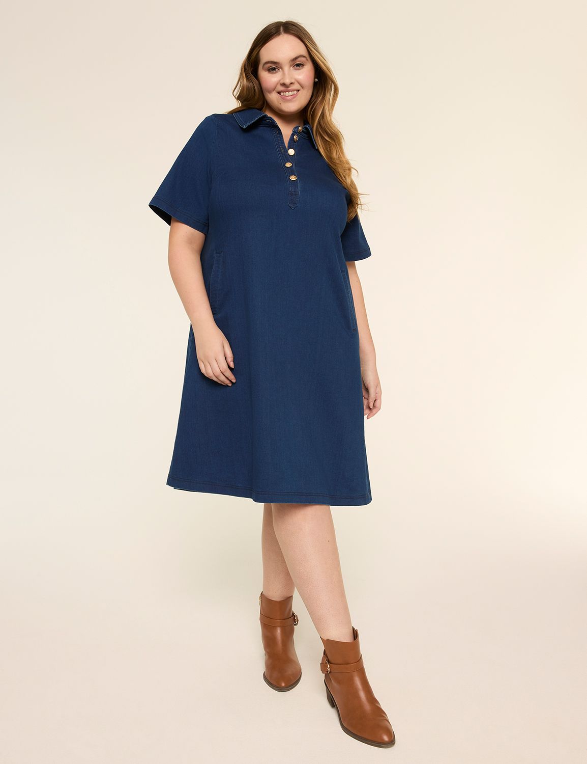 Short-Sleeve Collared Knit Denim Dress