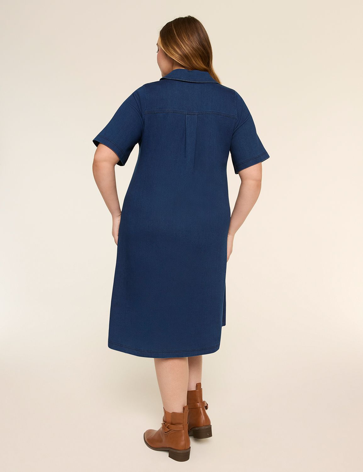 Short-Sleeve Collared Knit Denim Dress