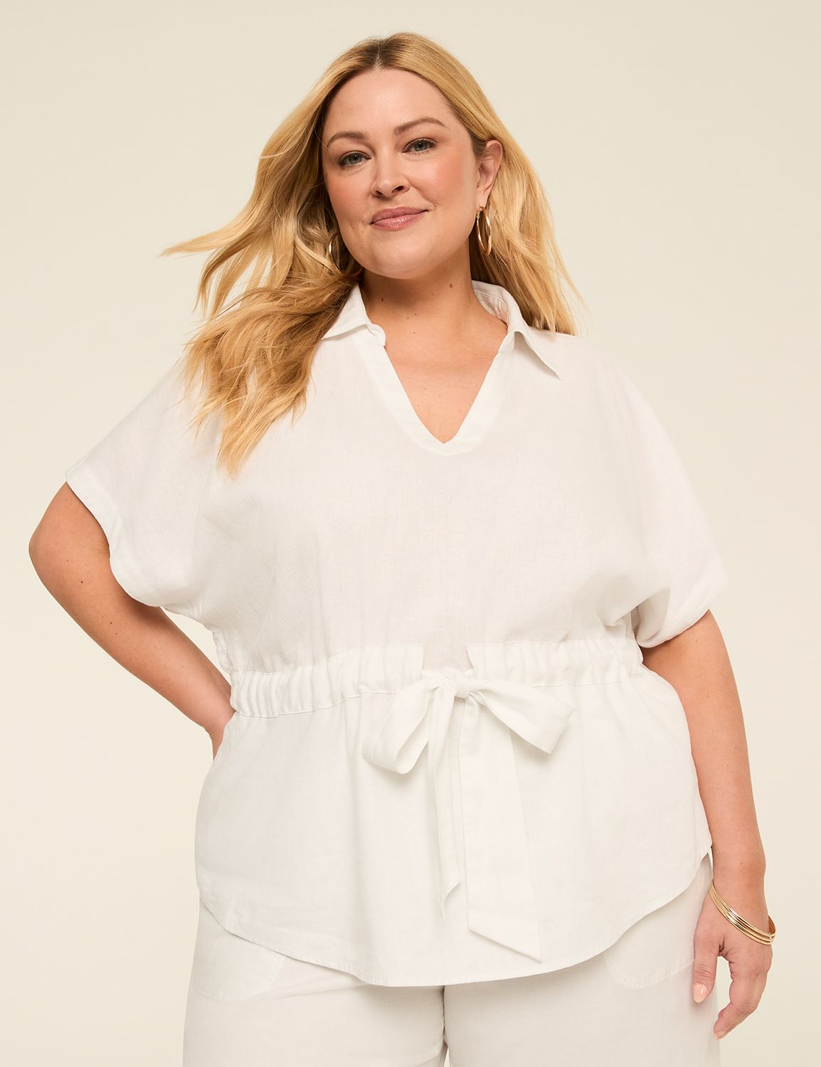V-Neck Popover Shirt With Belted Waist
