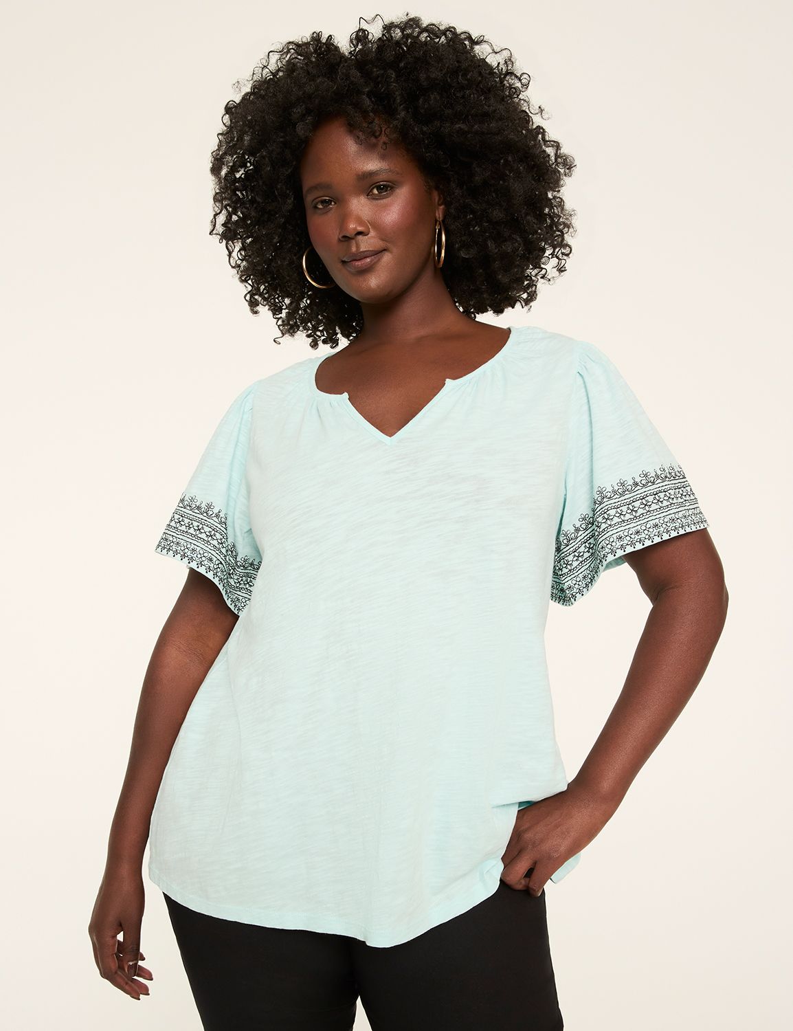 Embroidered Short Sleeve Notch Neck Product Image 1