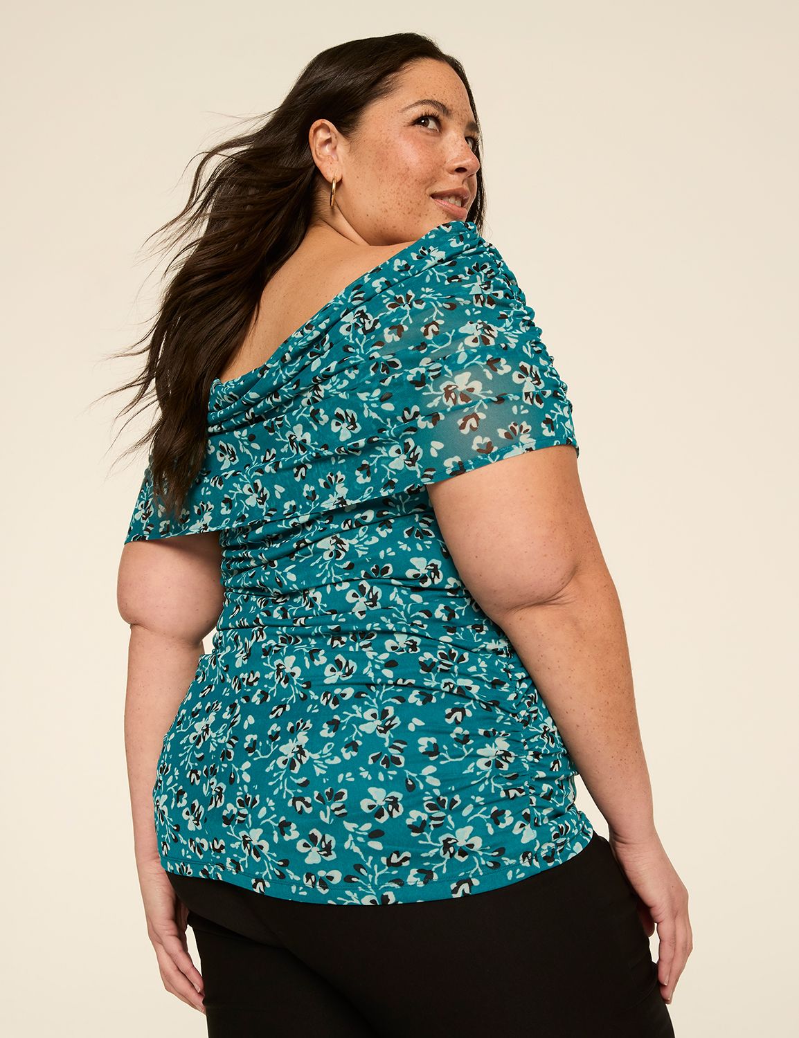 Off-The-Shoulder Side Ruched Mesh Top