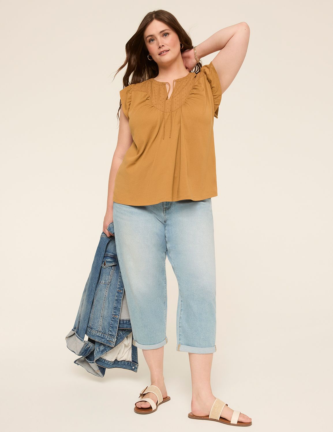 Flutter Sleeve Woven Yoke w/ Trim T Product Image 3