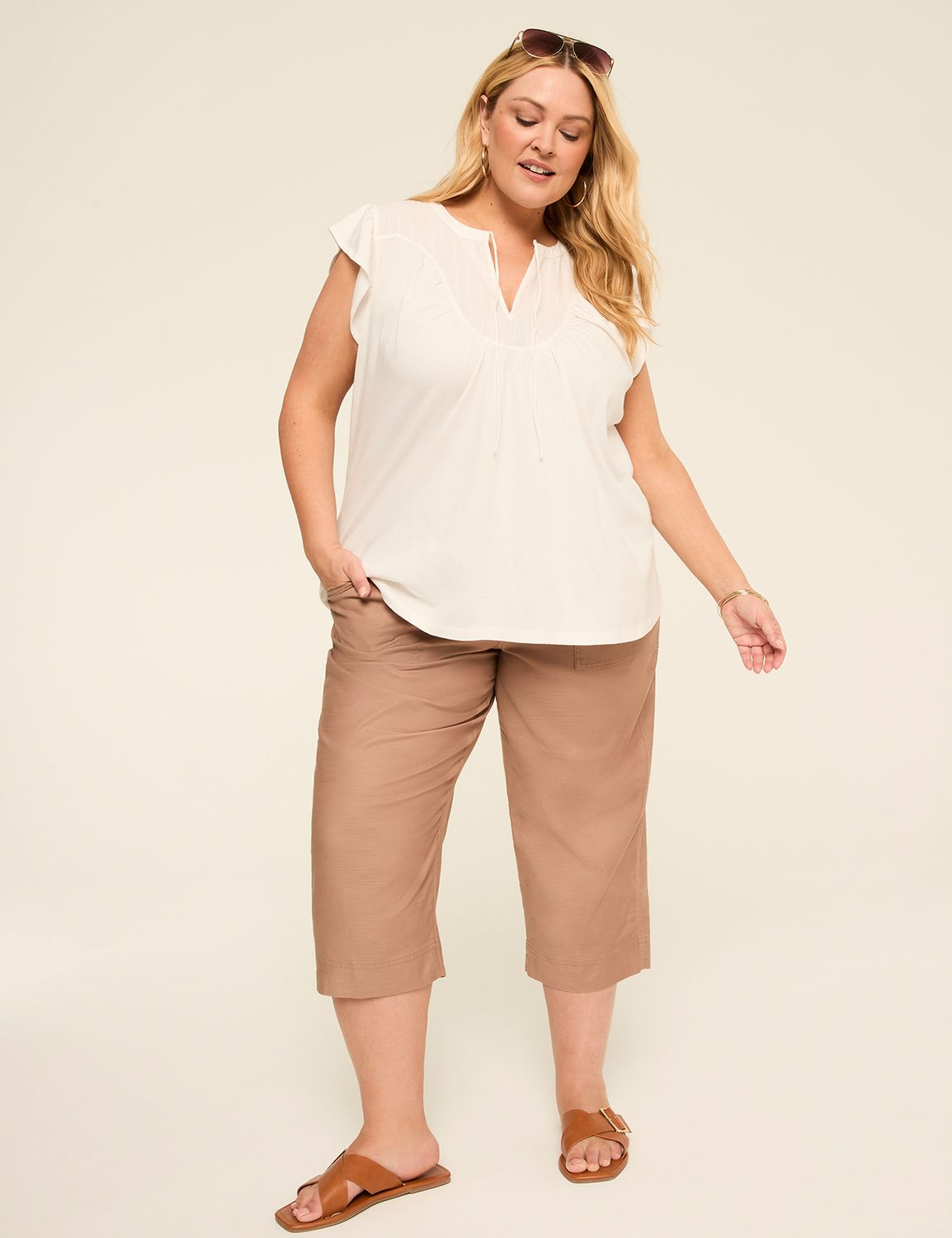 Flutter Sleeve Woven Yoke w/ Trim T Product Image 3