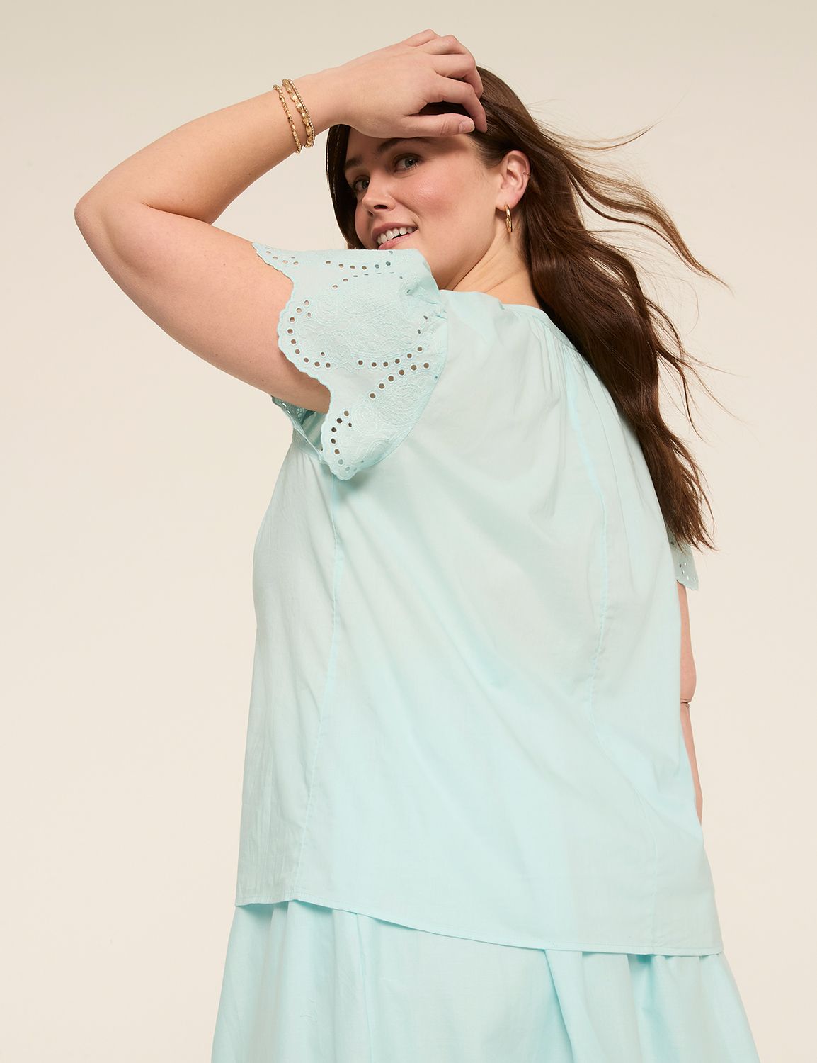 Short-Sleeve Notch-Neck Eyelet Top